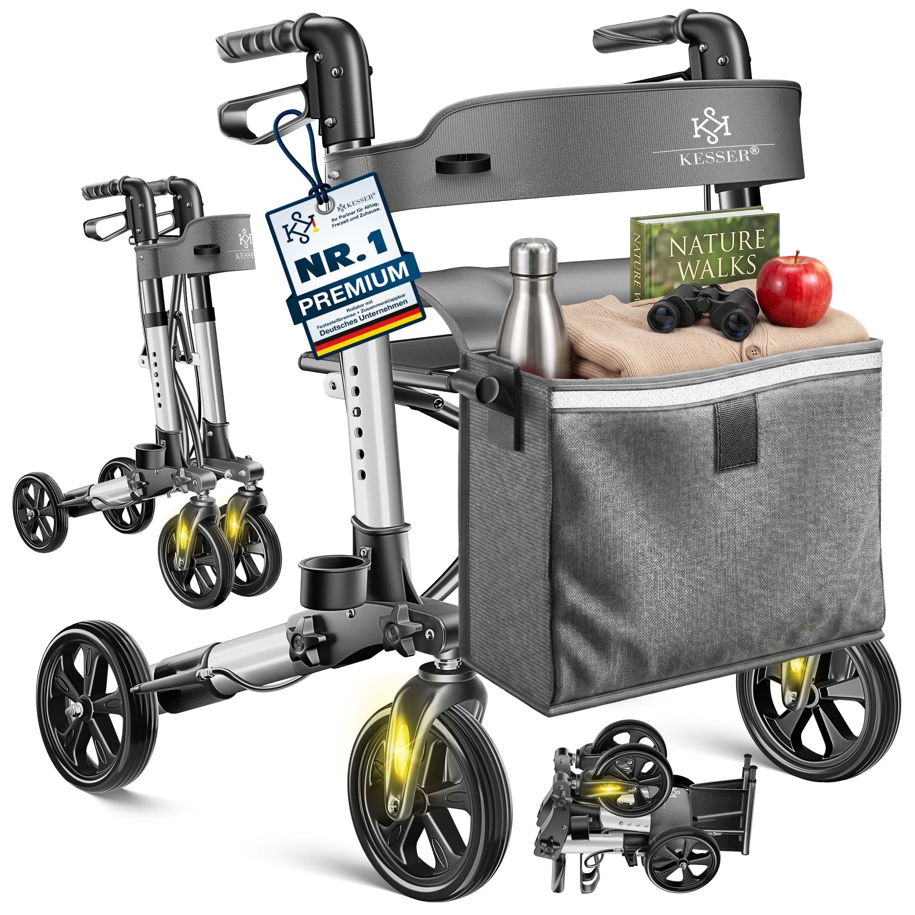 KESSER Rollator Aluminium – faltbar, höhenverstellbar & bis 136 kg belastbar, wetterbeständig, Tasche, Stockhalter, Reflektoren, 360° Gelände Reifen