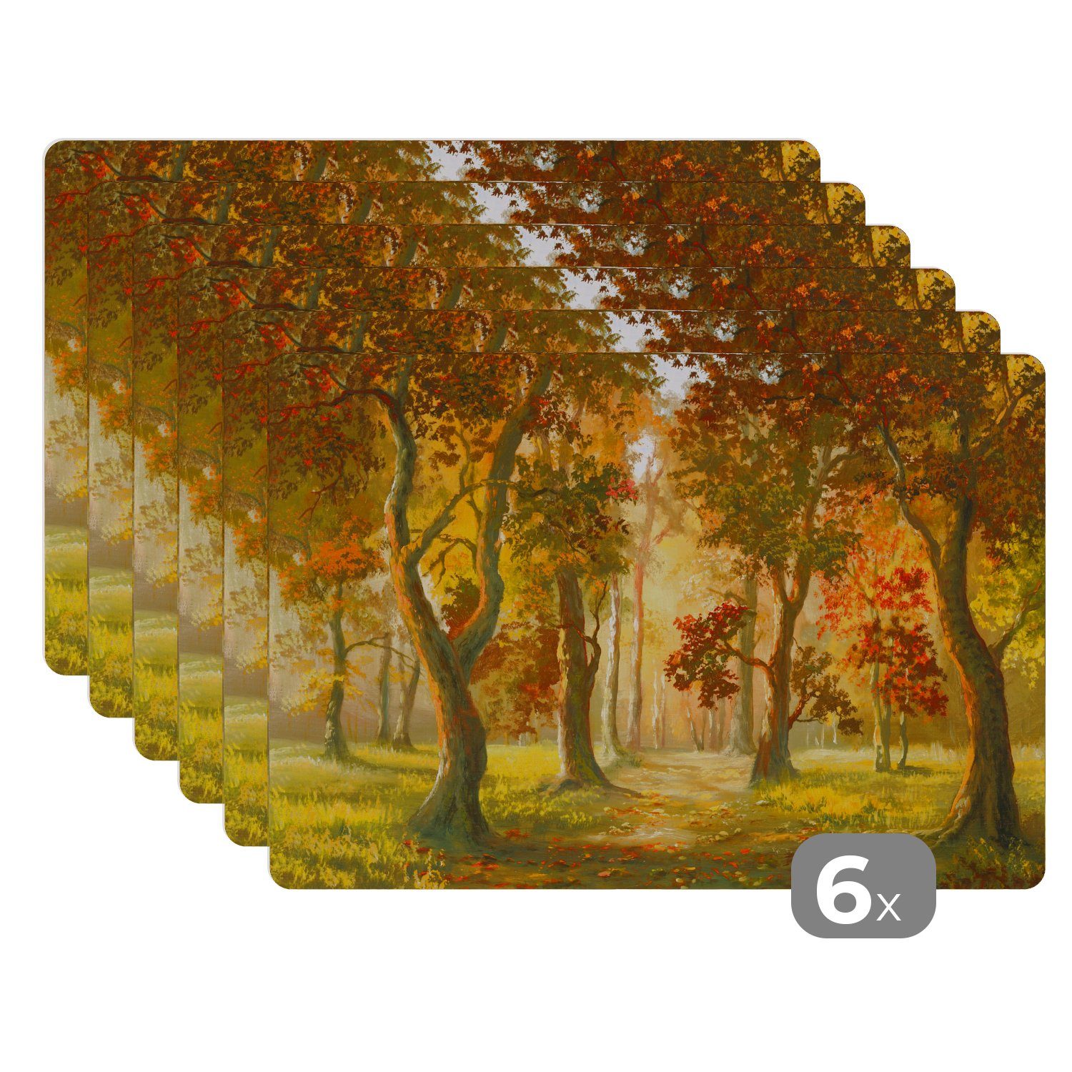 Platzset, Eine Illustration eines Waldes in der Herbstsonne, MuchoWow, (6-St), Platzset, Platzdecken, Platzmatte, Tischmatten, Schmutzabweisend