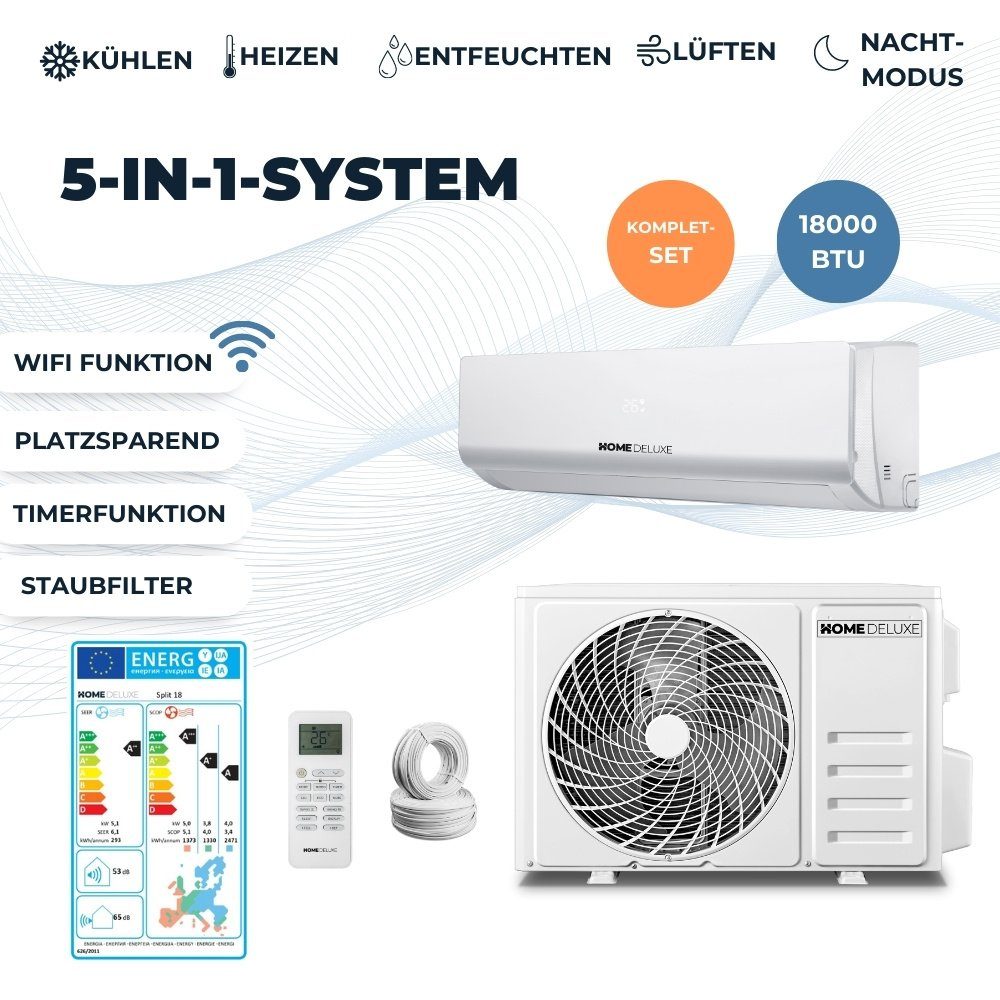 HOME DELUXE 4-in-1-Klimagerät Климатanlage SPLIT 18000 BTU, Quick Connect, WiFi – App gesteuert, keine Vakuumpumpe nötig