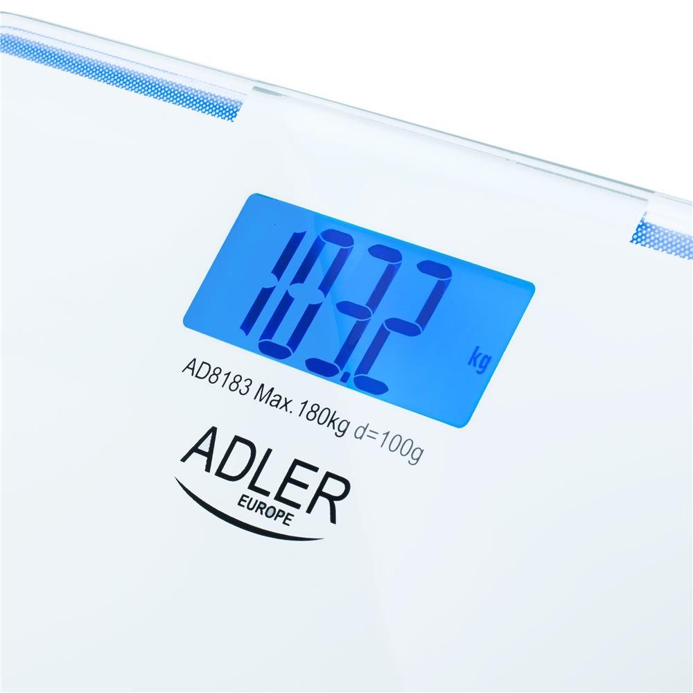 ADLER EUROPE Personenwaage AD 8183, Badezimmerwaage, 180kg, mit blauer Beleuchtung, Glasplattform – Bild 3 von 5
