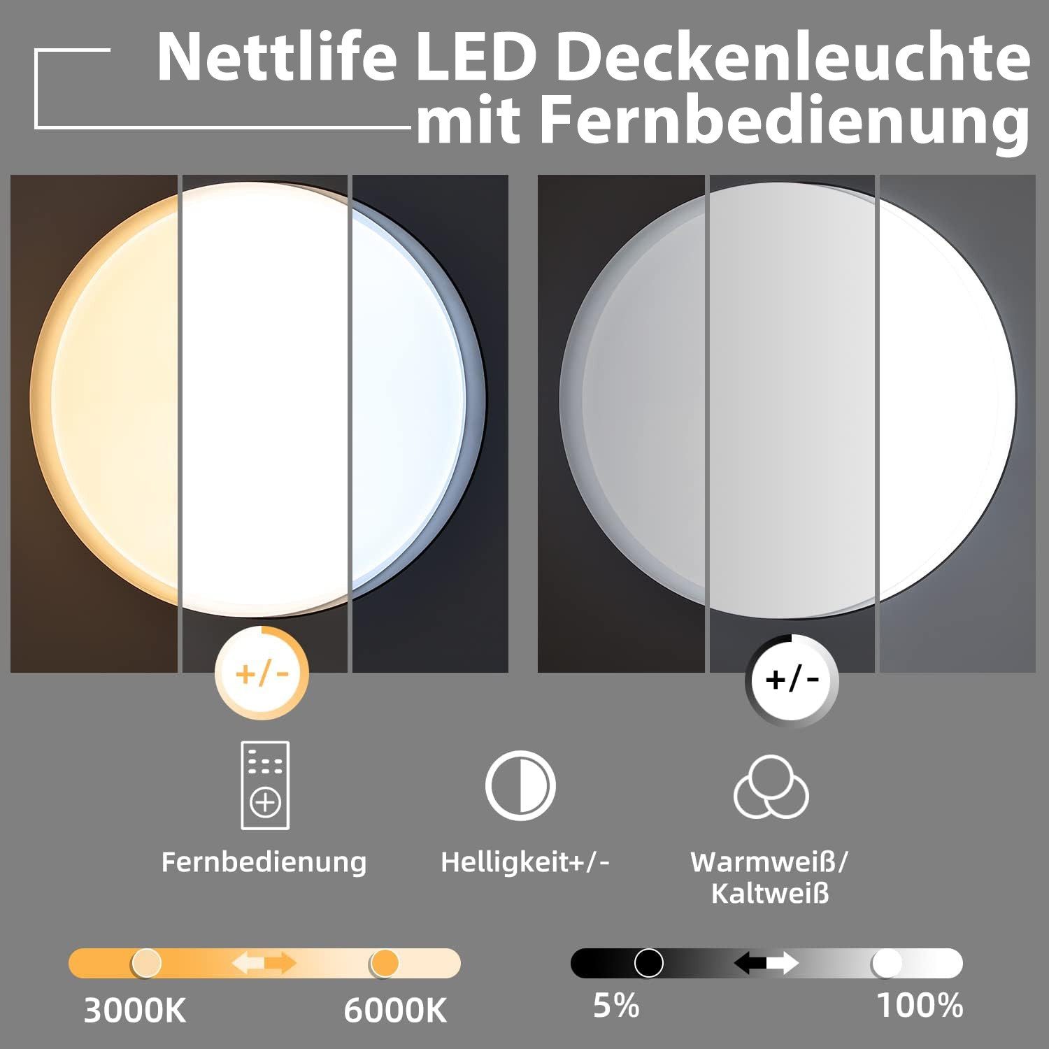 Nettlife LED Deckenleuchte dimmbar Schwarz Weiß mit Fernbedienung 41,5 cm, günstig online kaufen