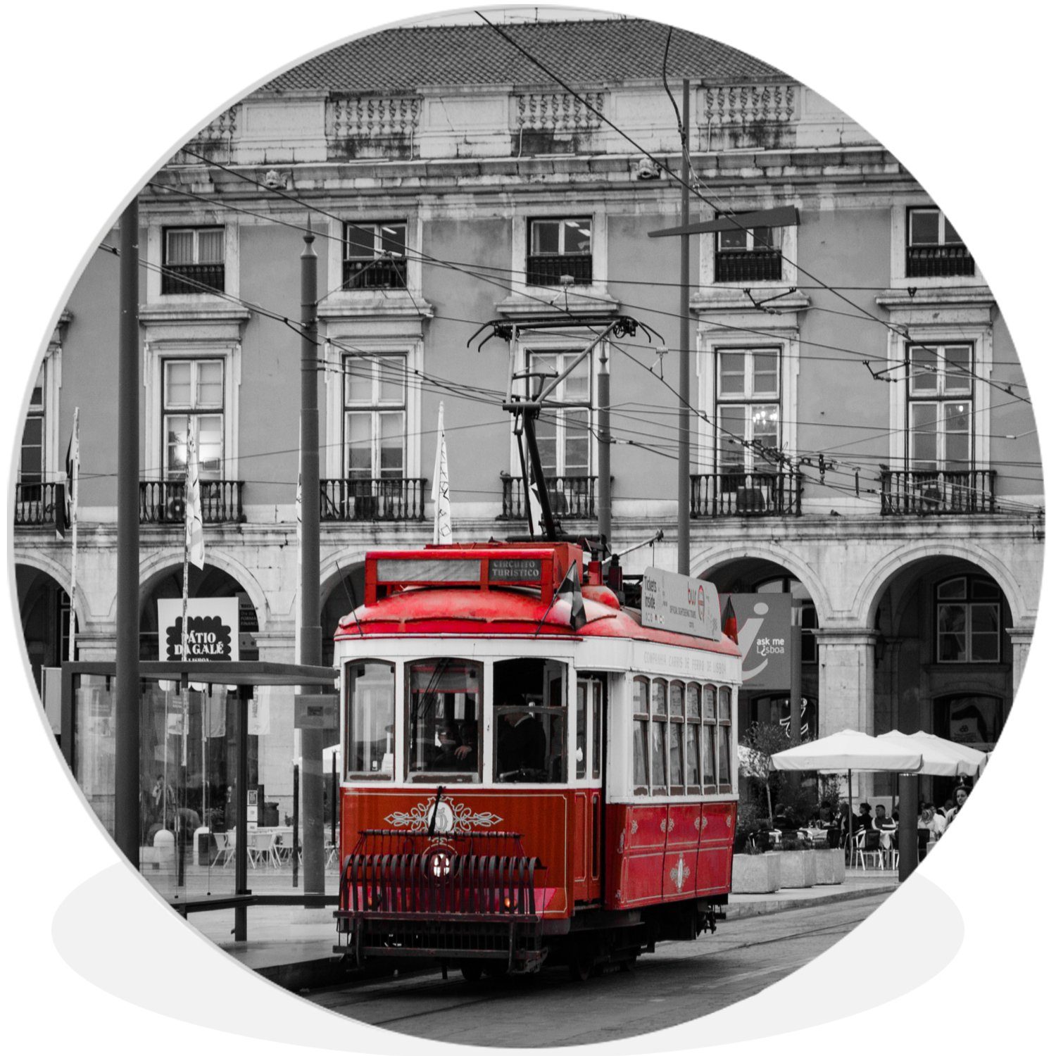 MuchoWow Gemälde Schwarz-Weiß-Foto Rundes Straßenbahn, (1 cm roten Wandkreis, St), 90x90 wandbild einer Wandschmuck, für mit Wohnzimmer