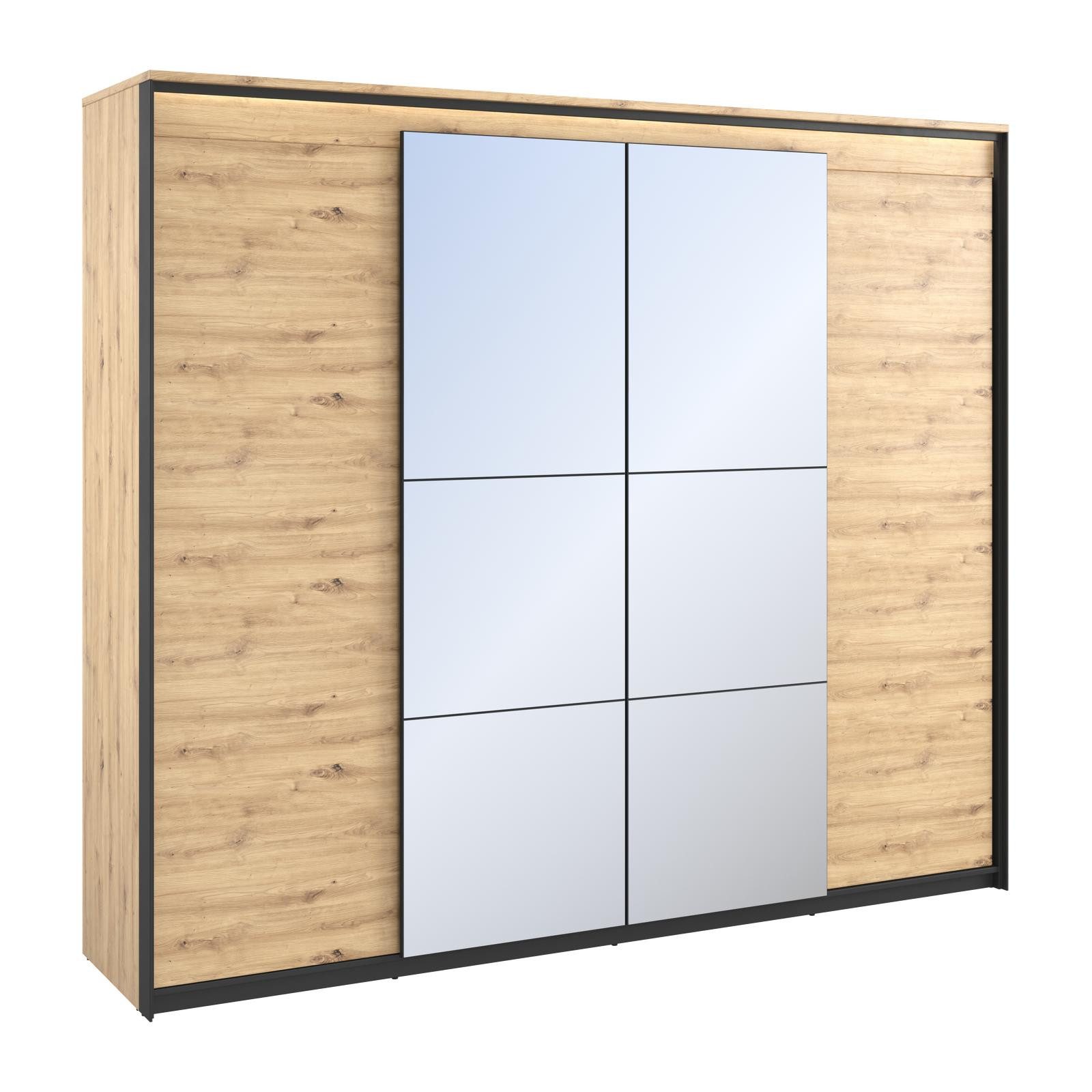 HAUSELEMENT Kleiderschrank QUANT QS-05 LED-Beleuchtung 250 x 221 cm Drehtürenschrank Spiegel 4 Türen Schrank
