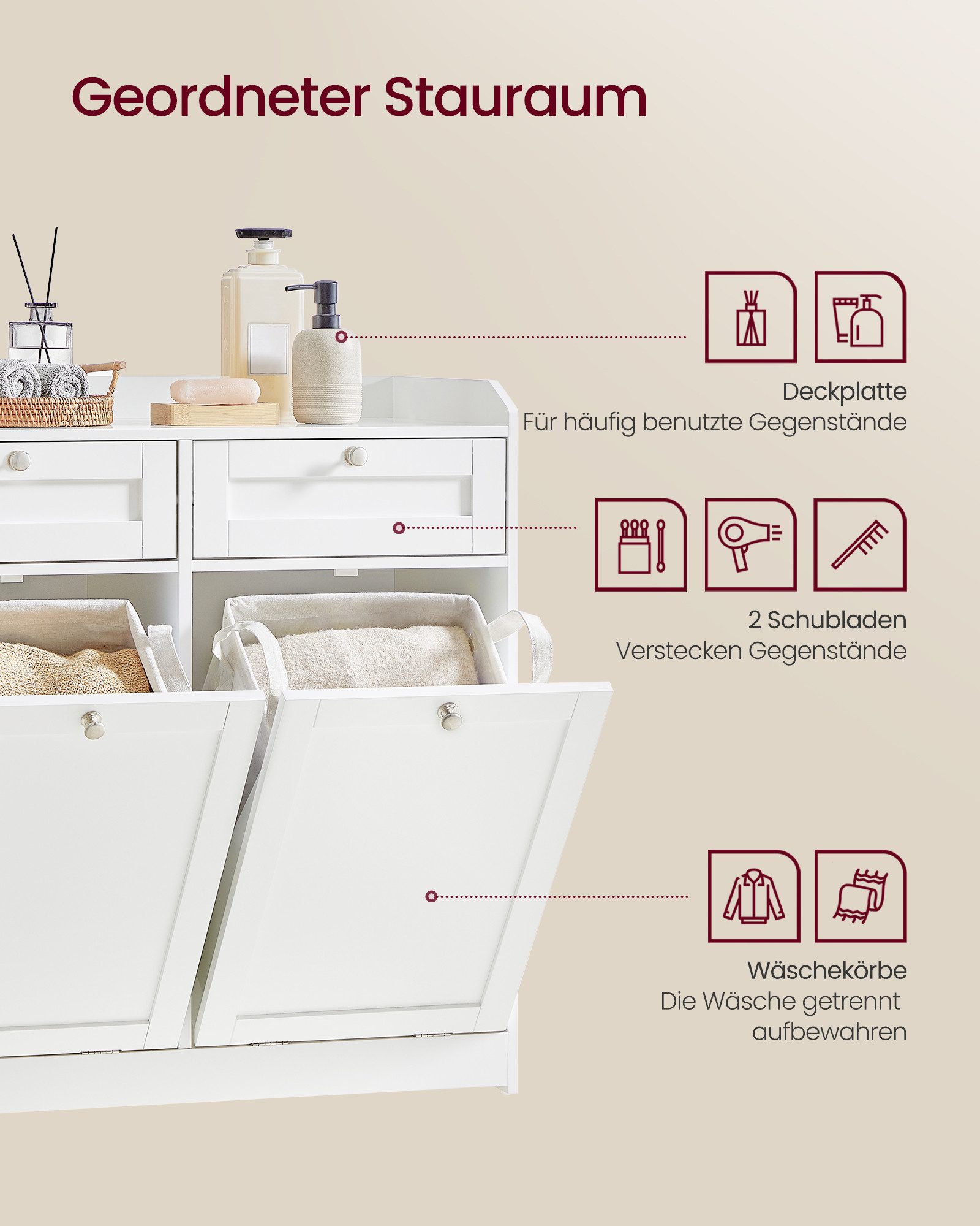 VASAGLE Badkommode Badschrank Wäscheschrank Badezimmerschrank, mit 2 Schubladen und 2 Wäscheboxen