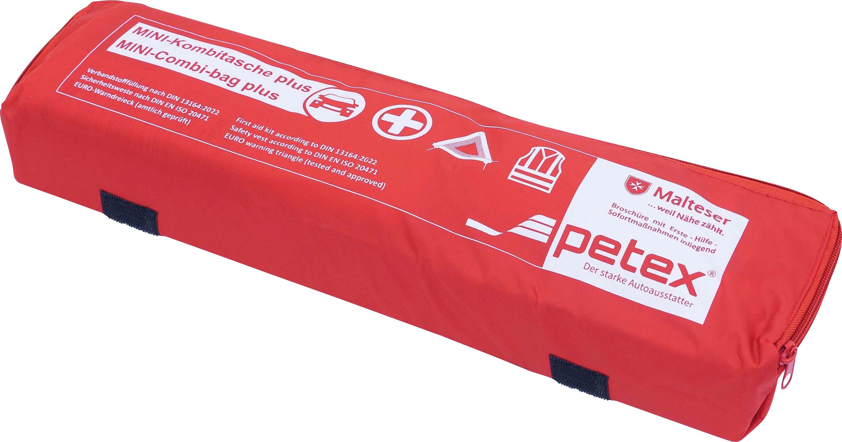 Petex KFZ-Verbandtasche PLUS, Kombitasche mit Inhalt nach DIN 13164:2022,  Tasche aus Nylon-Gewebe inklusive Klett zur einfachen Befestigung