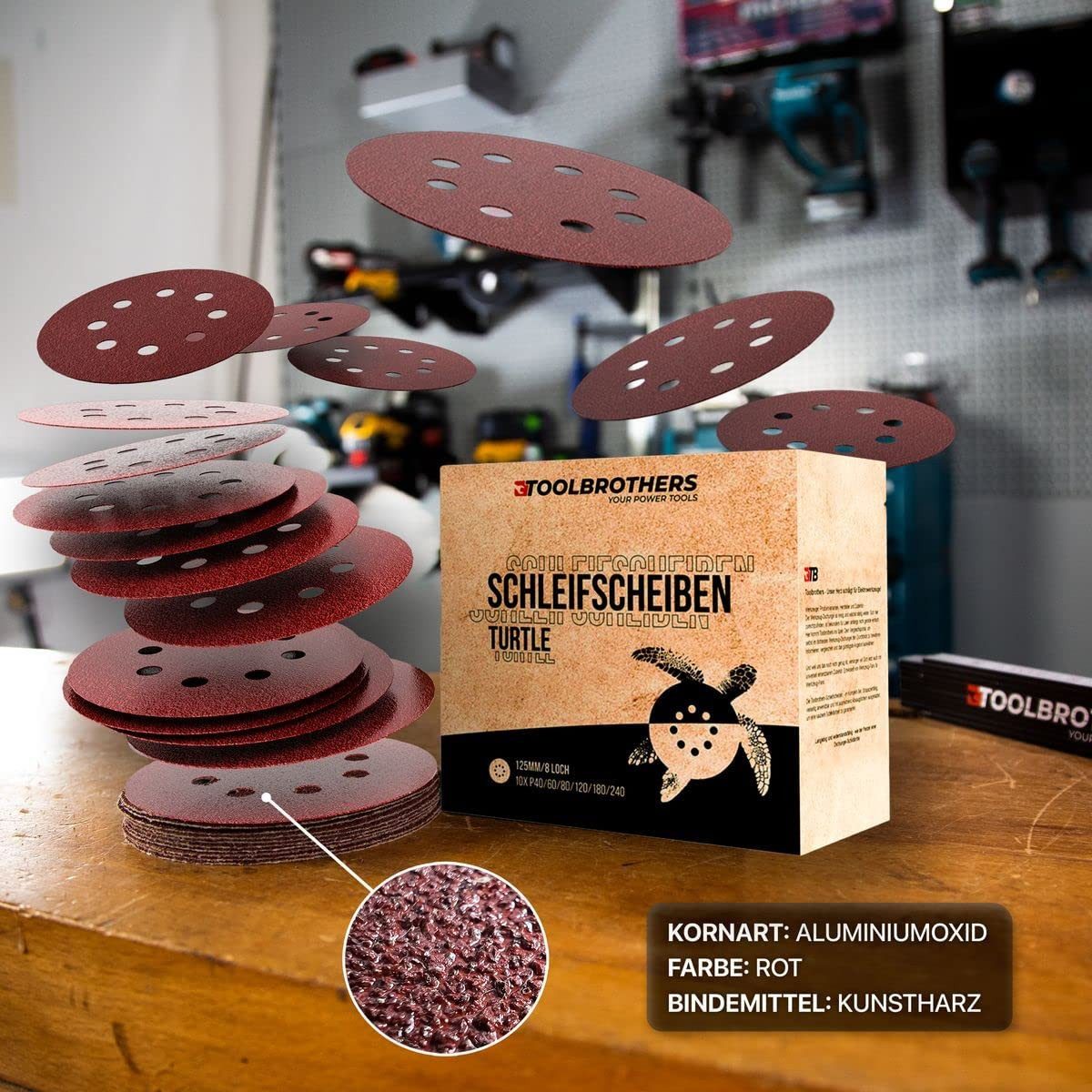 Makita Exzenterschleifer DBO 180 Z Akku Exzenterschleifer 18 V 125 mm + 4x Toolbrothers TURTLE