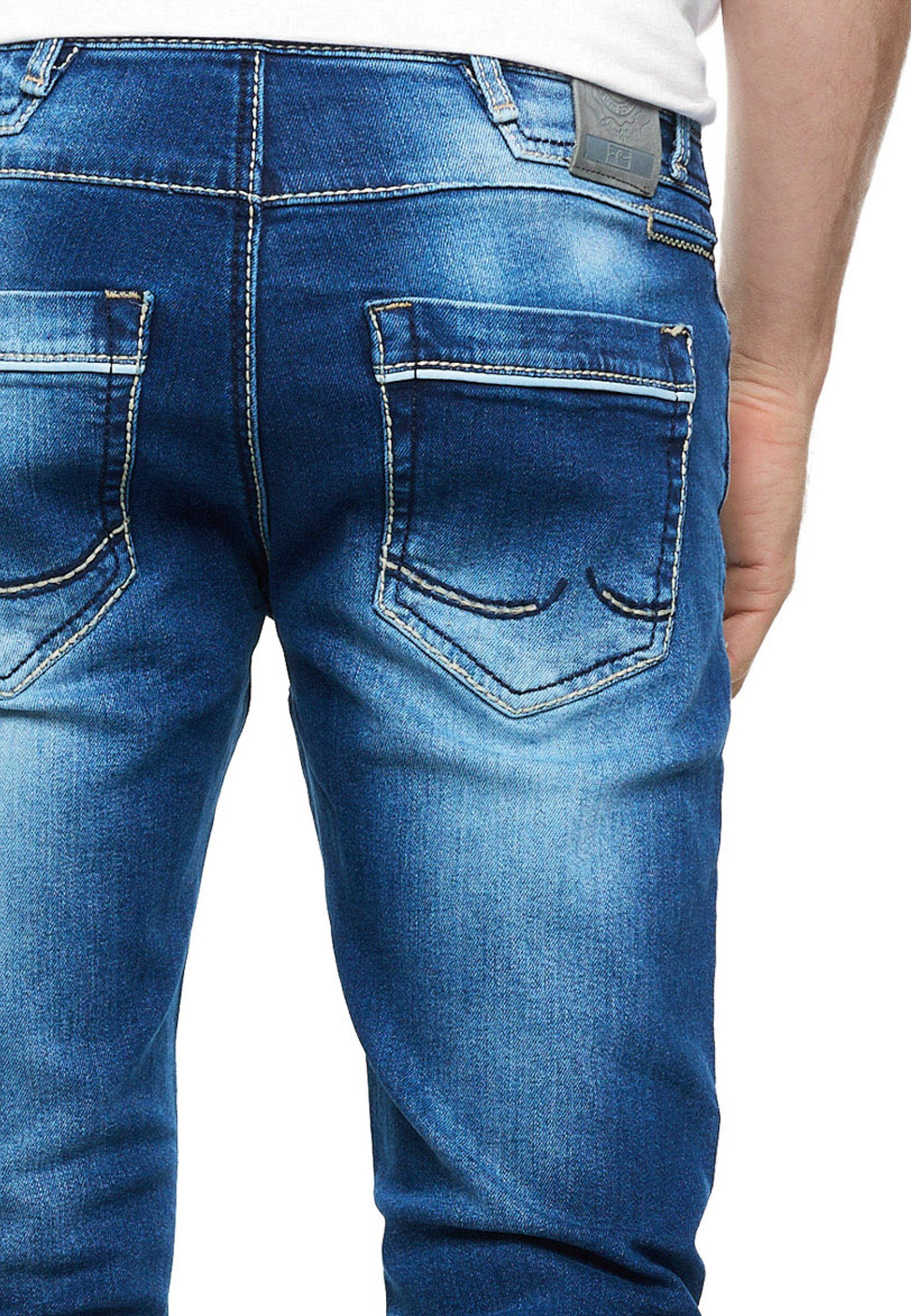 Rusty Neal Straight-Jeans dunkelblau Kontrastnähten TOYAMA coolen mit