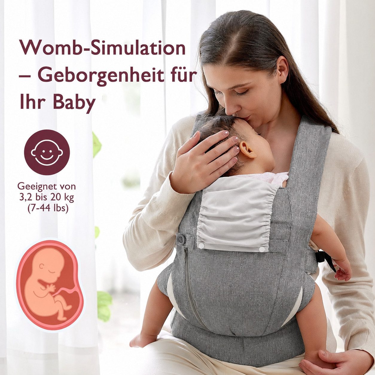 ibettertec Babytrage Neugeborene ab Geburt, Kleinkindtrage aus 100% Baumwolle (Ergobaby Babytrage mit Ein-Klick-Schnalle, ergonomische M-Position, X-Rücken, für 3,2–20 kg), tragetuch baby neugeboren, babytrage neugeborene ab geburt