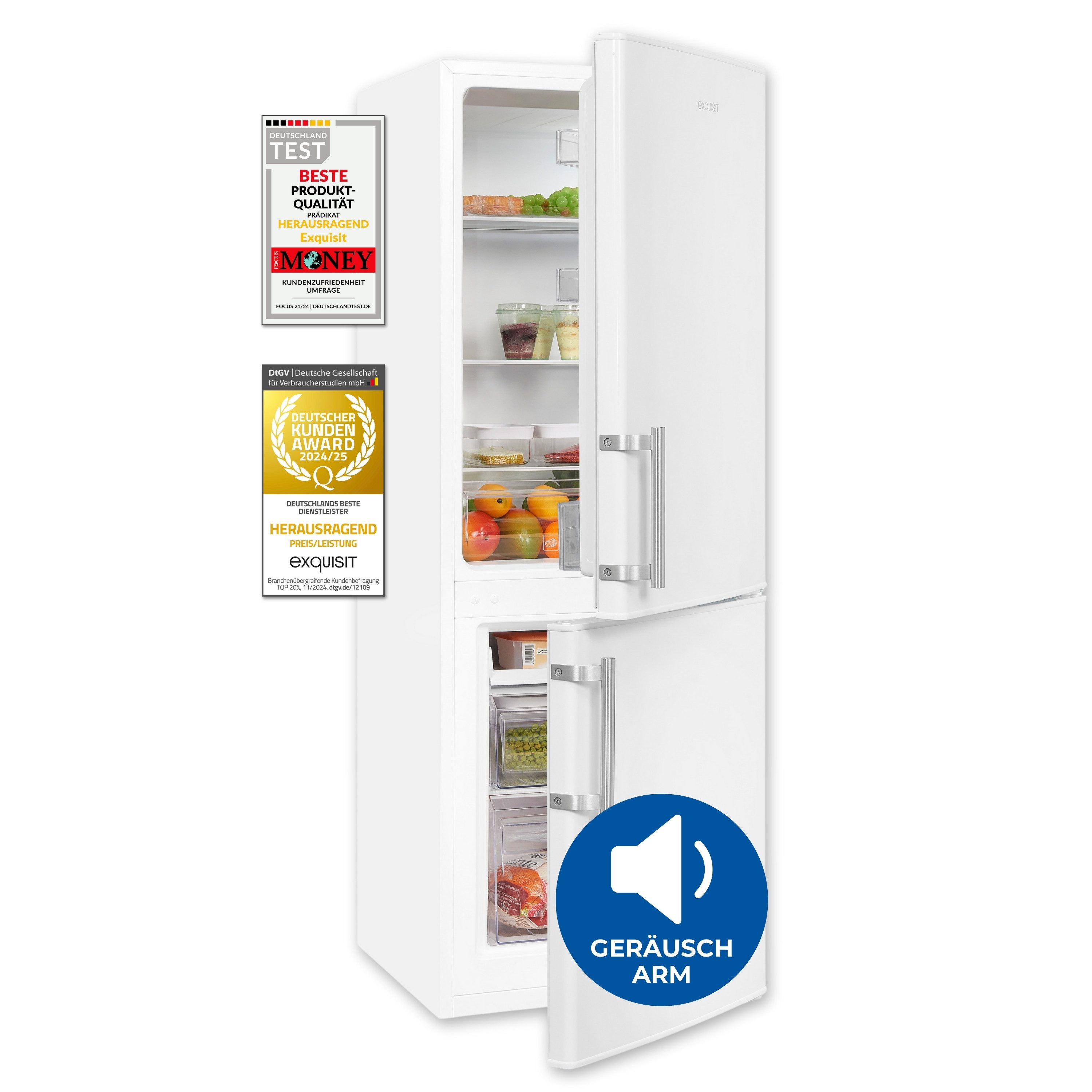 exquisit Kühl-/Gefrierkombination KGC5233-60-HE-040D, 142.5 cm hoch, 50 cm breit, 173 Liter, Alarm-Funktion, 4-Sterne-Gefrierfach, 3 Glasablagen