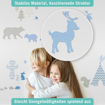 lovely label Wandsticker Waldtiere im Tipi Land blau/beige-grau - Wandtattoo Kinderzimmer Deko