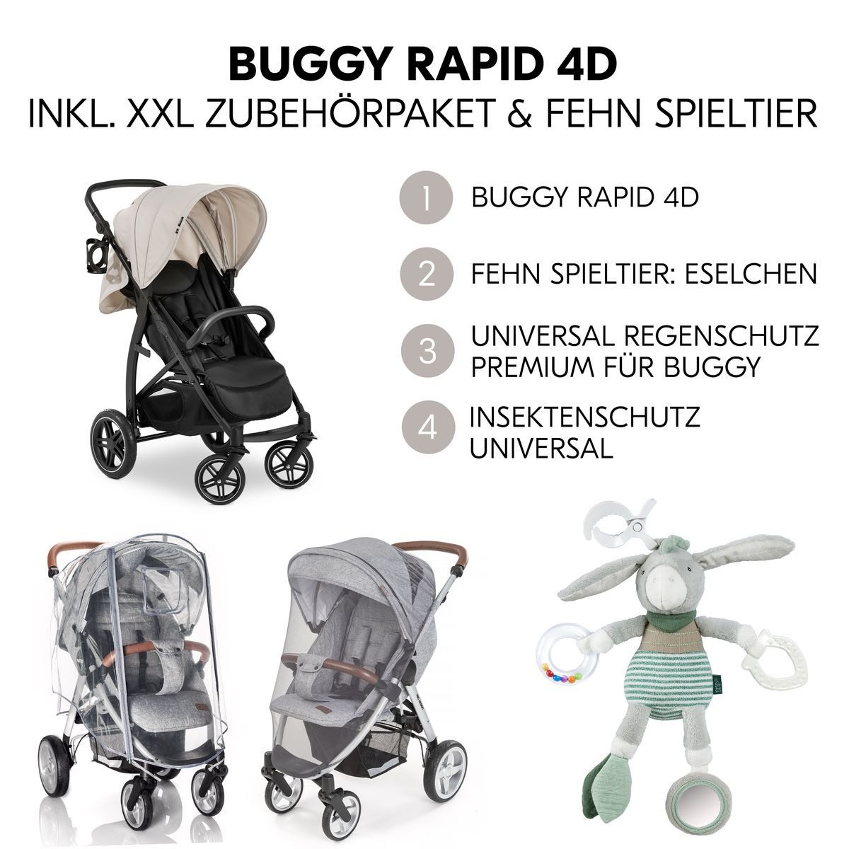 Hauck Sportbuggy Rapid 4D - Classic Beige, Sportwagen mit Liegefunktion, höhenverstellbar bis 25 kg inkl. Zubehör
