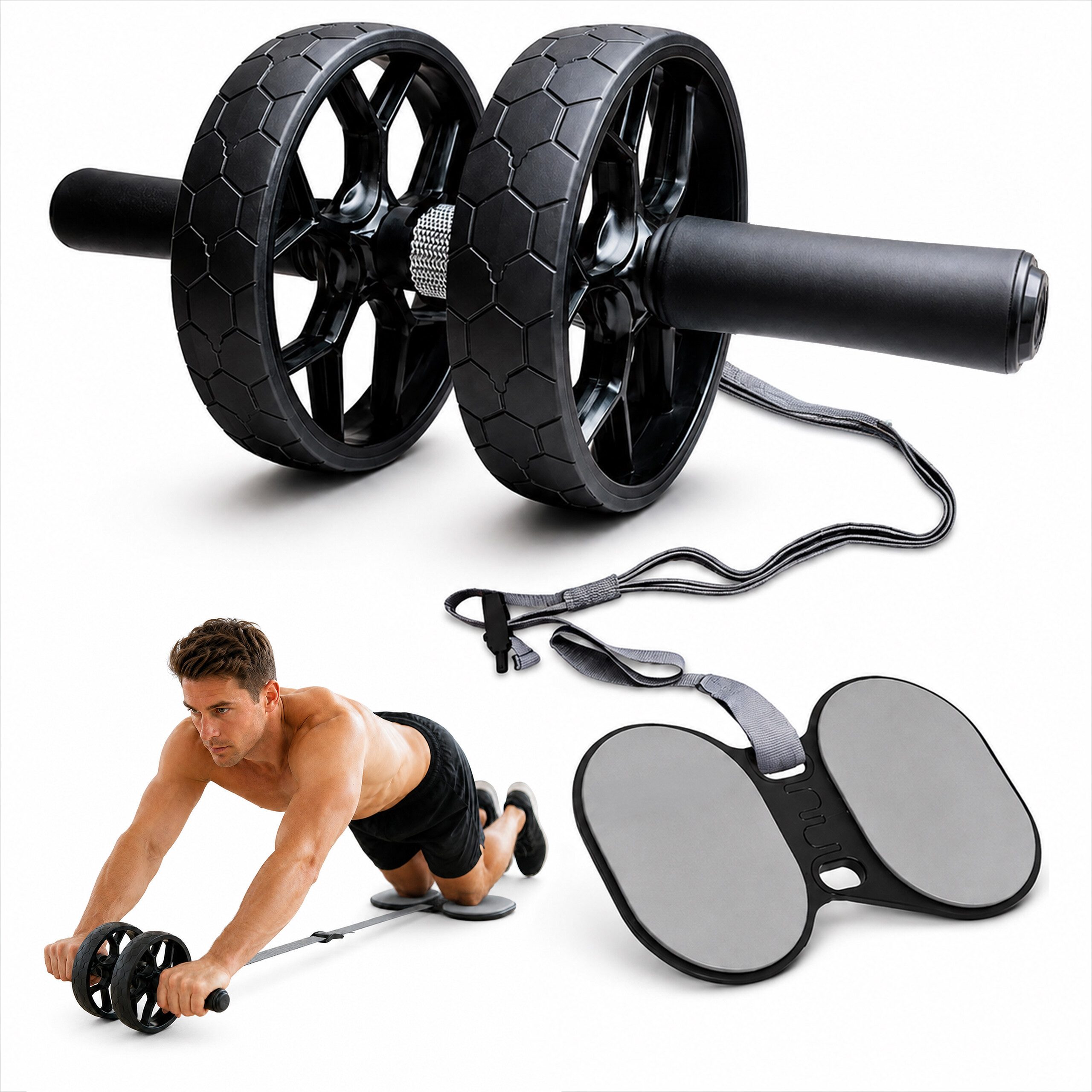 relaxdays AB-Roller Bauchroller mit Hilfsband & Kniematte (3-St)