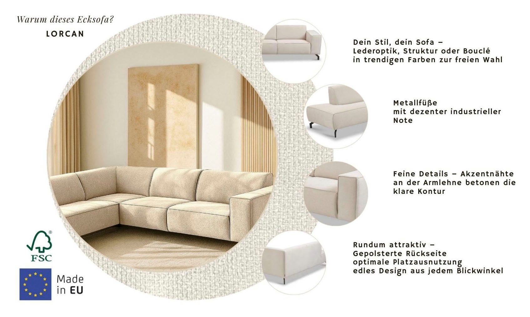 Home affaire Ecksofa LORCAN mit Metallfüßen, Breite 275 cm, weiches Sitzgefühl, Metallfüße, Lederoptik, Struktur, Bouclé