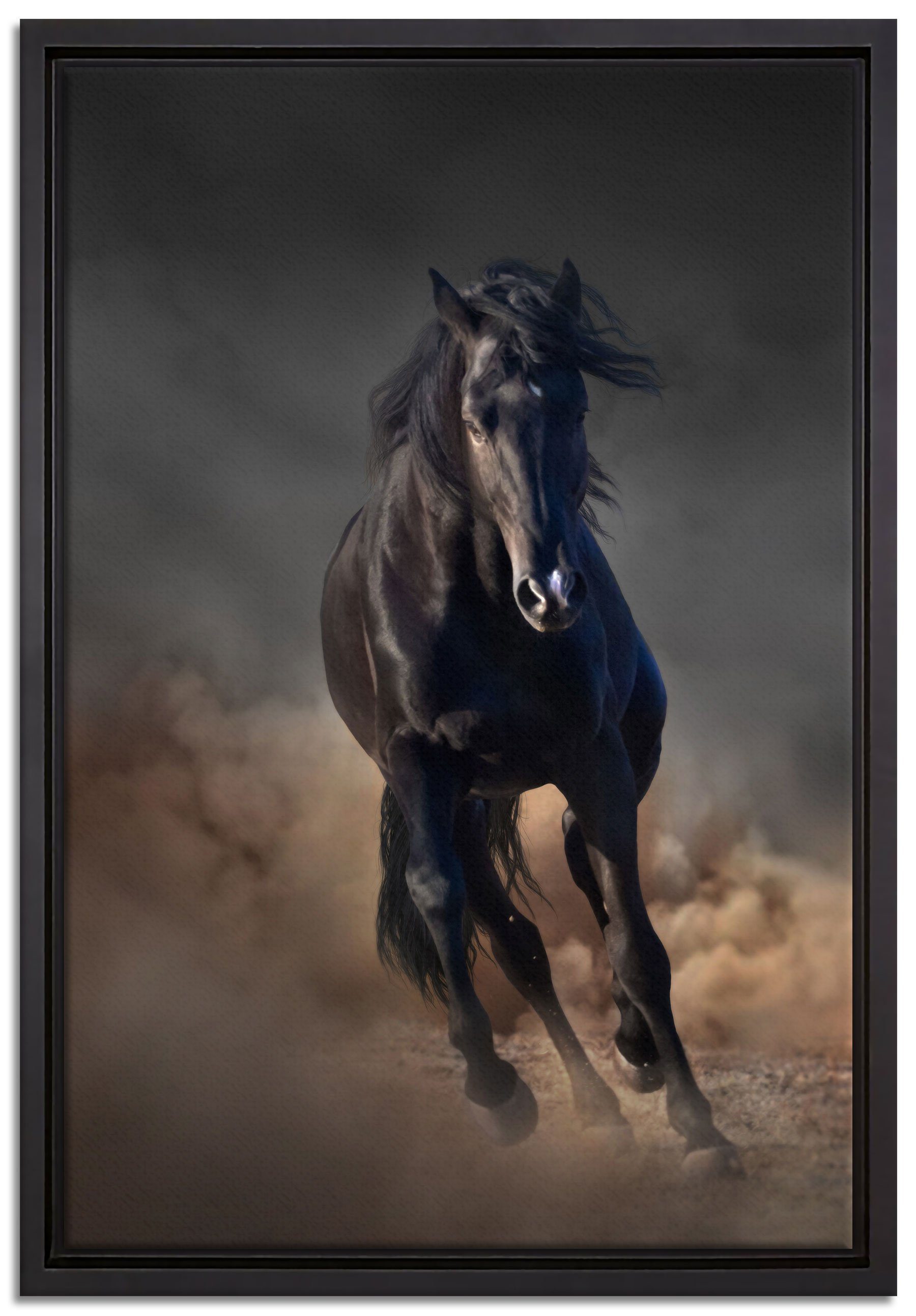 Leinwandbild inkl. gefasst, fertig Pixxprint in St), (1 Wanddekoration Zackenaufhänger Pferd, Leinwandbild bespannt, schwarzes Elegantes Schattenfugen-Bilderrahmen einem