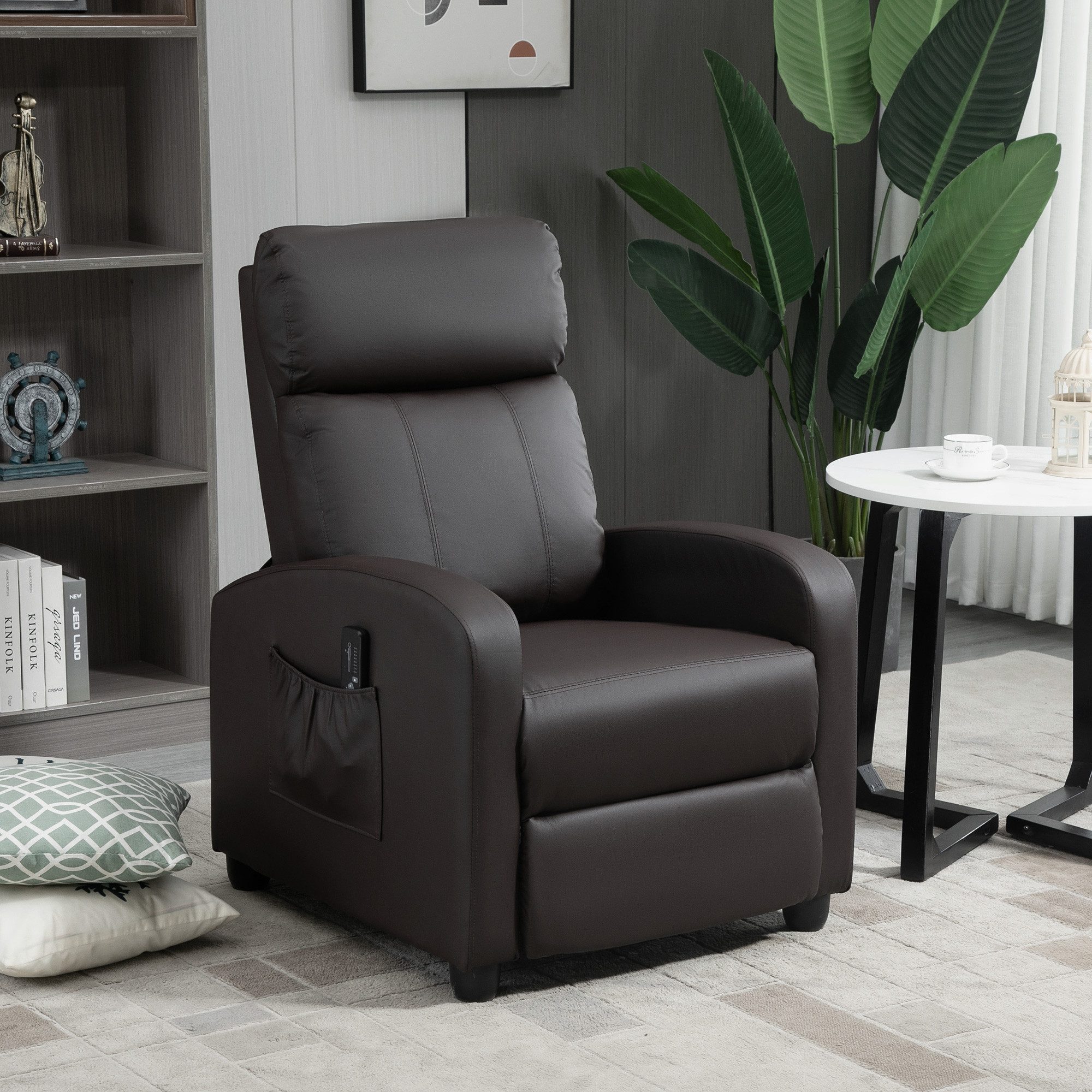 HOMCOM Massagesessel mit Liegefunktion, 2 Massagepunkte, Fernbedienung, Seitentasche (Relaxsessel, 1-St., Fernsehsessel mit Vibrationsmassage), aus Kunstleder, für Wohnzimmer, Braun