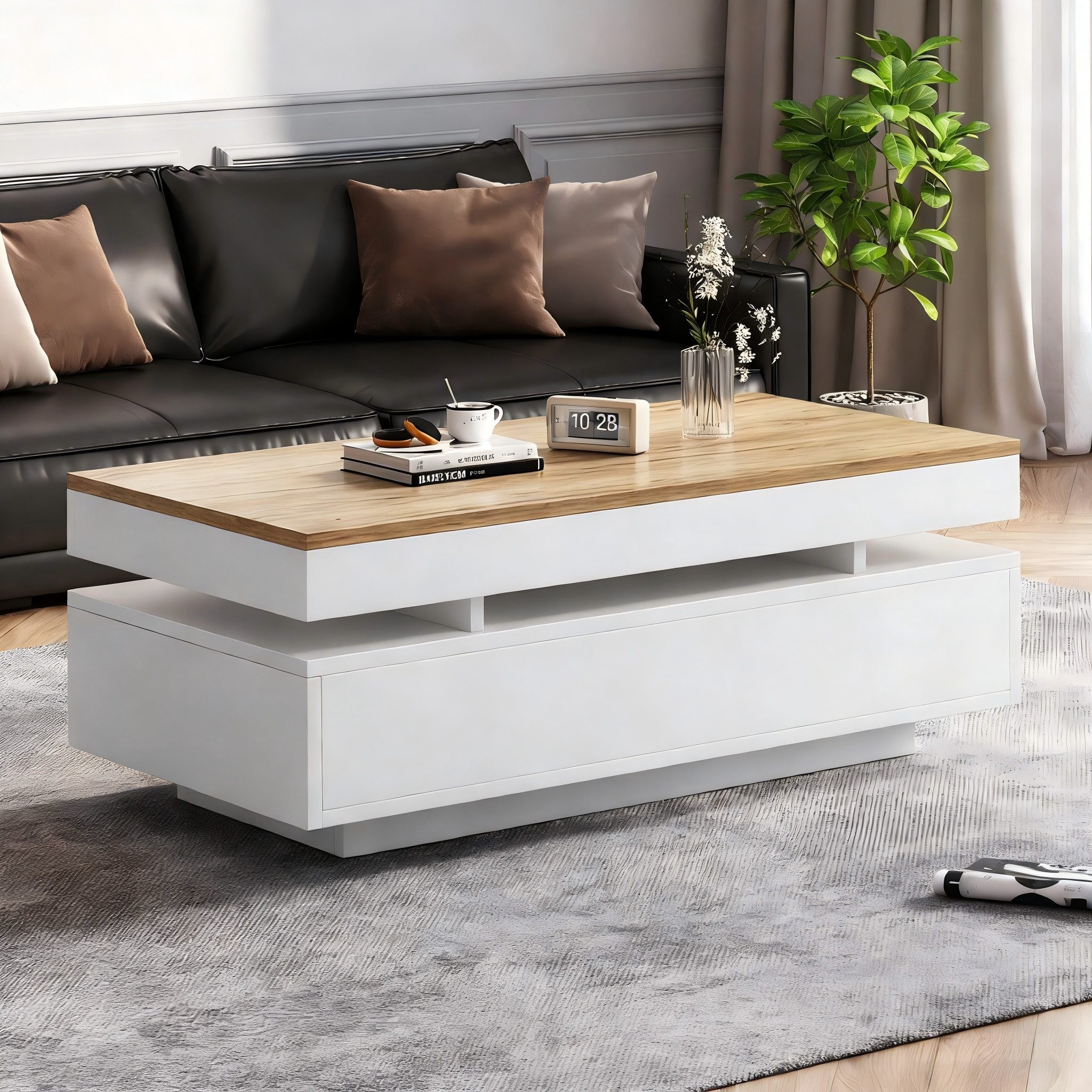 MODFU Couchtisch Hochglänzender Beistelltisch mit atmosphärischer LED (Packung, 1-St., Ideal als stylischer Teetisch oder funktionaler Sofatisch), In Weiß/Holzton, 100x50x35 cm, inkl. 2 Schubladen
