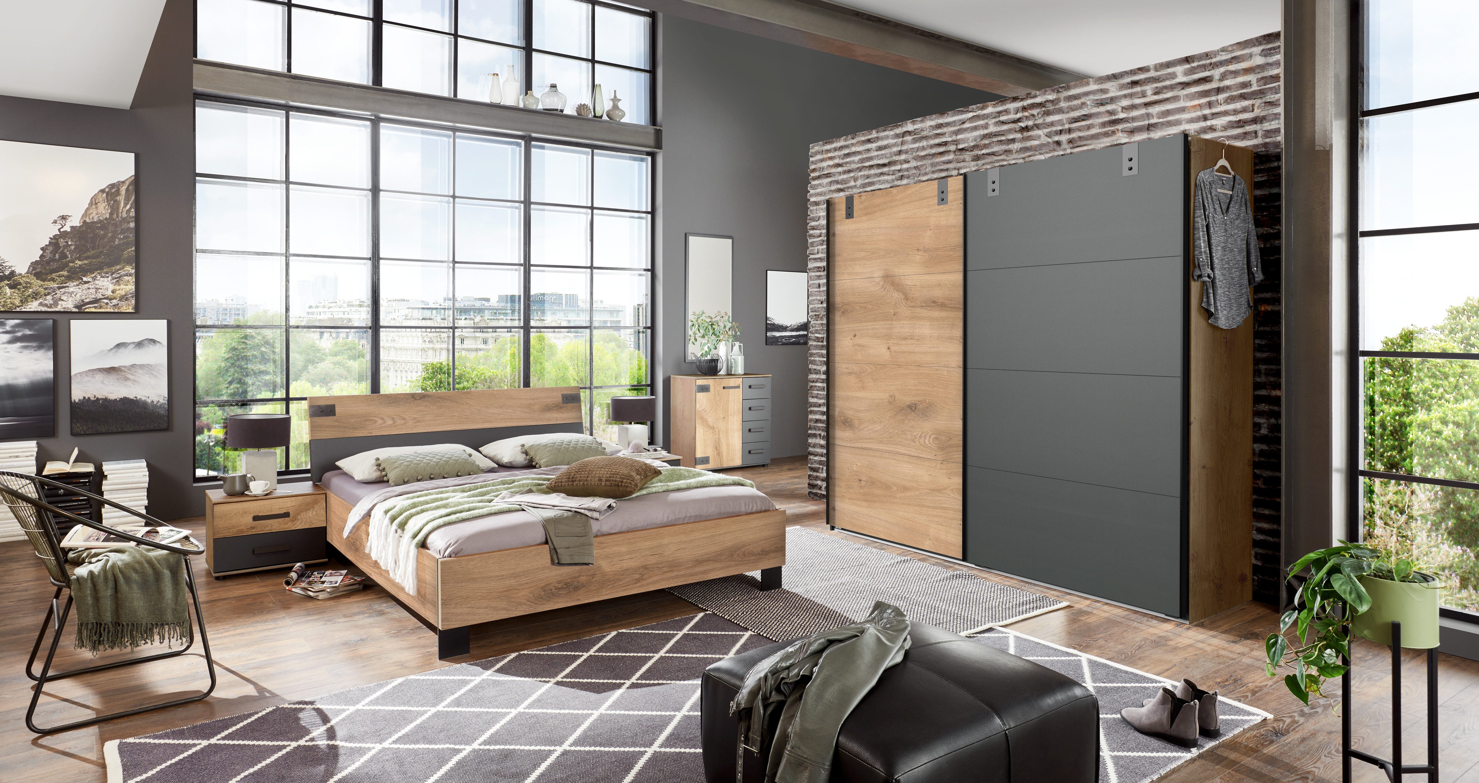 möbel-direkt.de Komplettschlafzimmer Malmö in Plankeneiche und Grafit, (Komplett-Set, 5-tlg., Verschiedene Schrankbreiten wählbar), Made in Germany