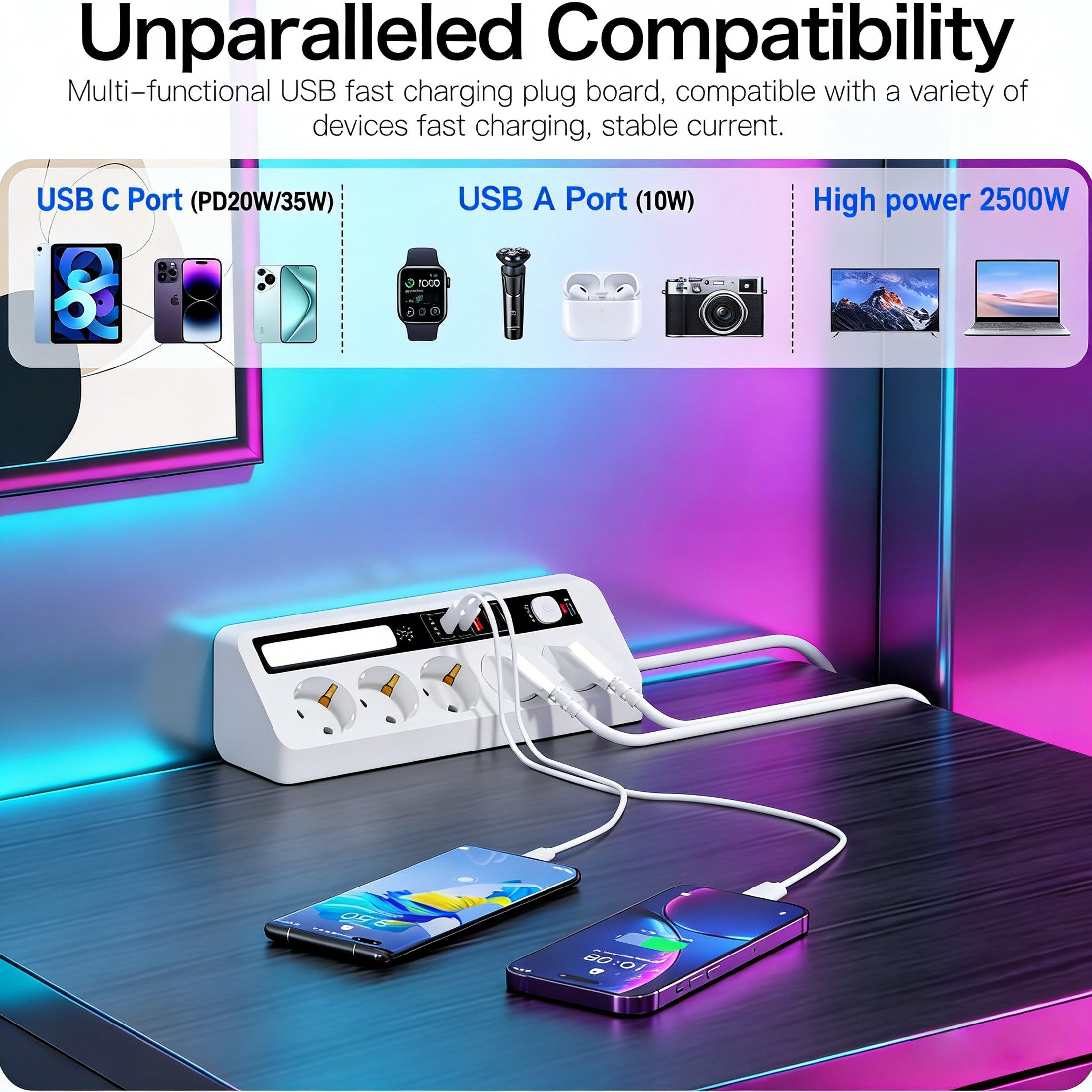 Luckice Tischsteckdosenleiste mit 5 Steckdosen,Eck-Steckdosenleiste Mehrfachsteckdose 9-fach (Ein-/Ausschalter, USB-Anschlüsse, 4 USB-Ports (PD 35 W & 20 W), LED-Statusanzeige, mit Schalter, Steckdosenleiste 5-fach, mit USB, mit Kindersicherung, Schutzkontaktkupplung, Überspannungsschutz, Quick Charge, Power Delivery, mit USB Ladeanschluss), 2 m Kabel, Ecksteckdose für Büro und Zuhause