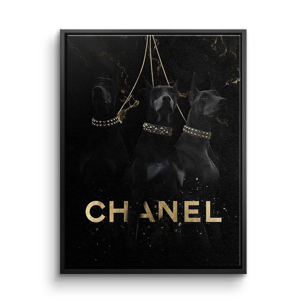 Dogs - goldener Leinwandbild, DOTCOMCANVAS® Rahmen Luxury Three Wandbild Premium Dobermann