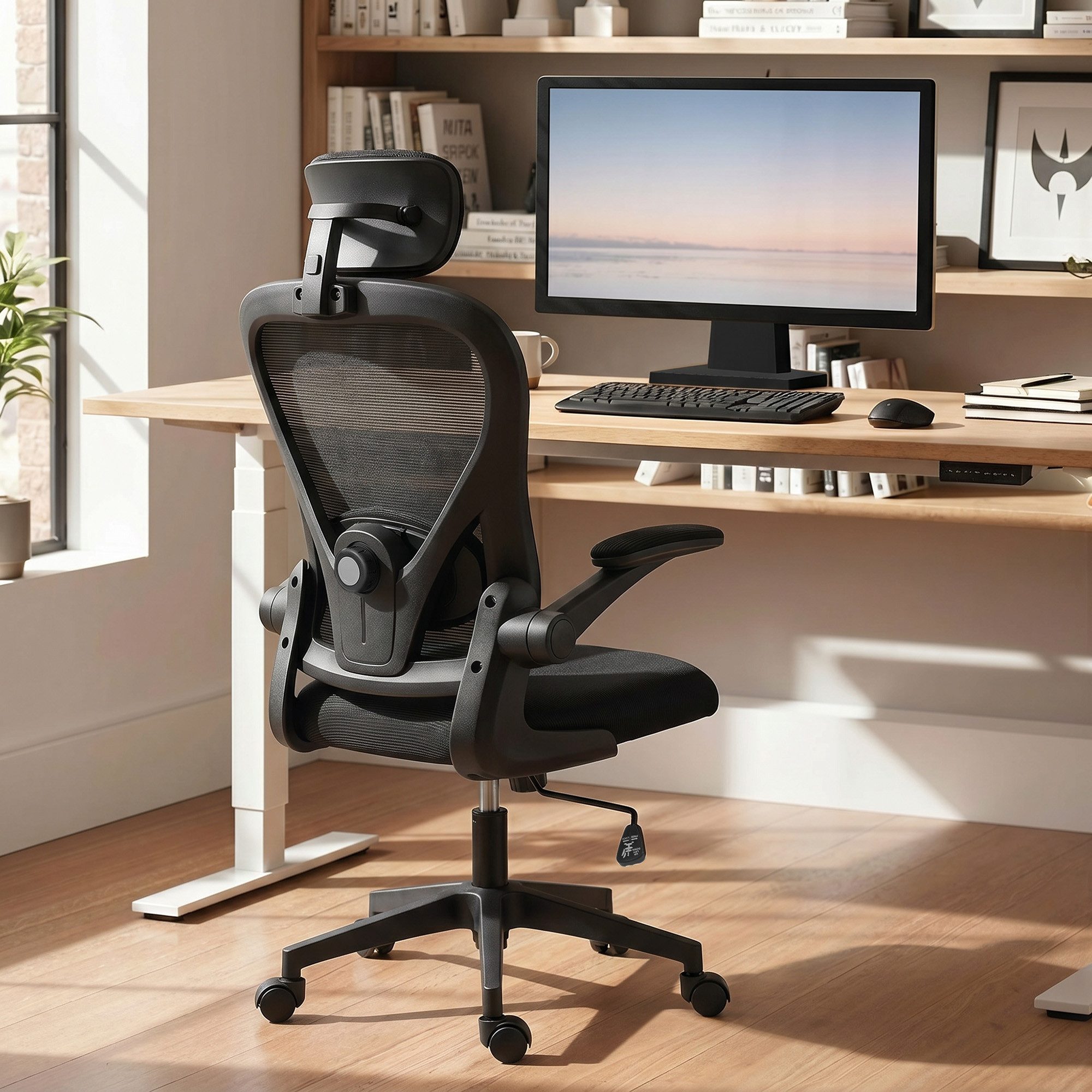 HOMCOM Bürostuhl Hochklappbare Armlehnen, Drehstuhl, Wippfunktion, Netz schwarz (Ergonomischer Schreibtischstuhl, 1 St), Verstellbare Kopfstütze und Lendenstütze