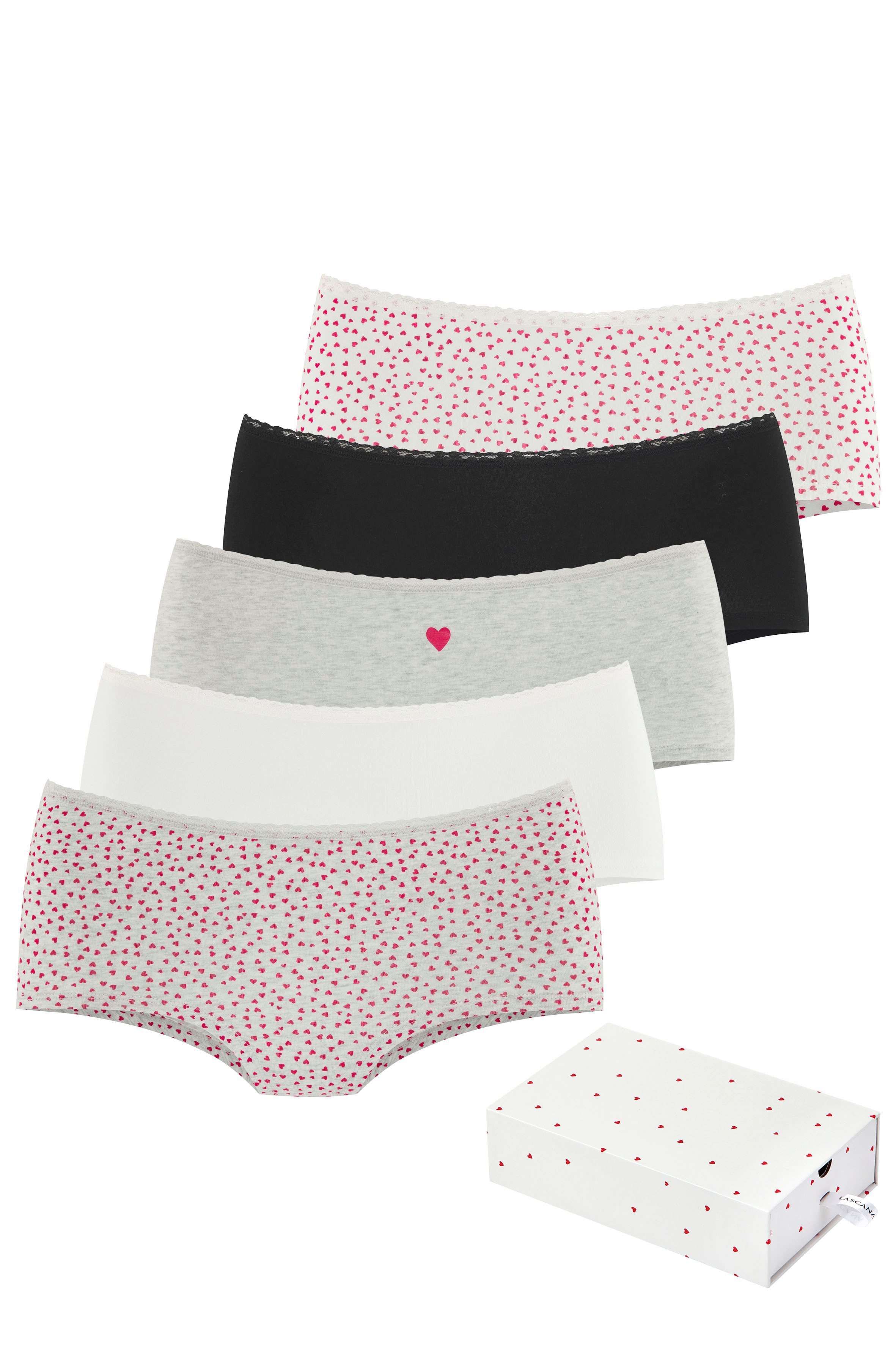LASCANA Panty (5er-Pack) mit süßen Herzchen-Prints und aus elastischer Baumwoll-Qualität