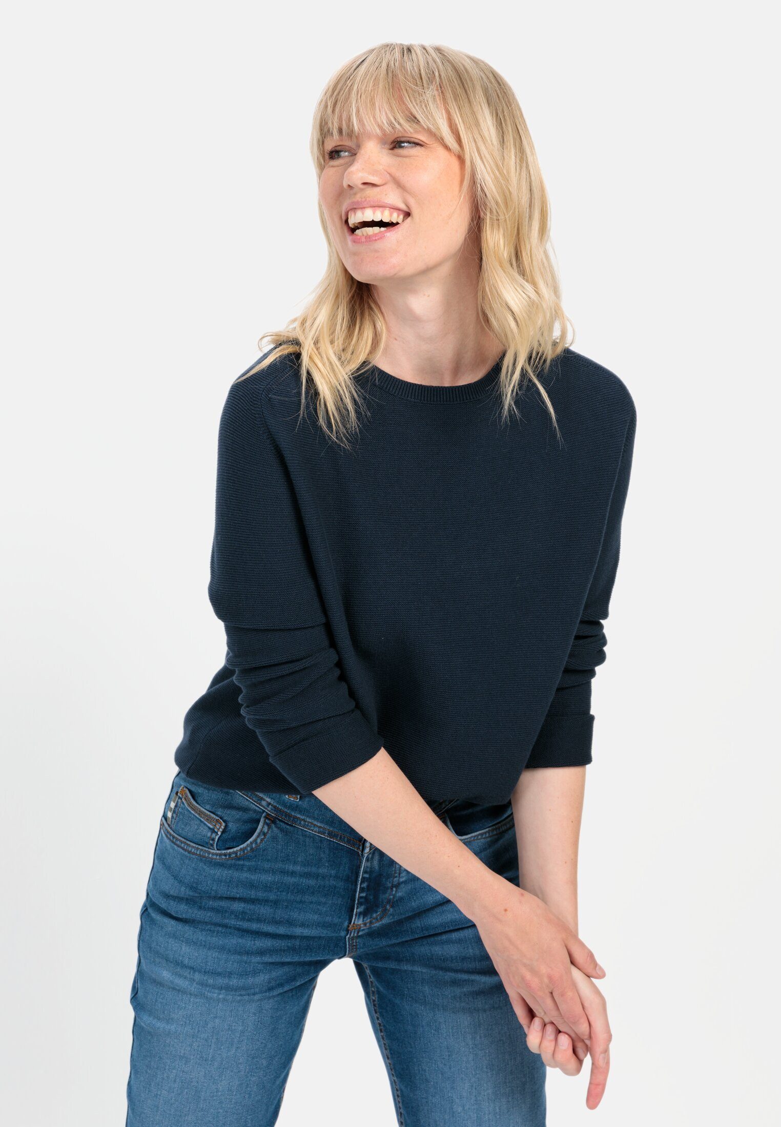 camel active Strickpullover Rundhalspullover aus Feinstrick Langarm Markenlogo