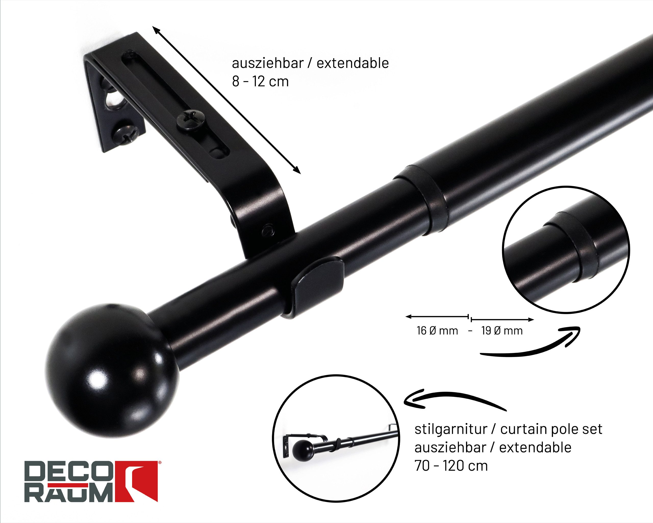 Deco-Raum Gardinenstange Flexa Stilgarnitur Set ausziehbar, Ø 19 mm, 1-läufig, ausziehbar, Wandmontage, verschraubt, Metall, perfekt für Dekoschals Gardinen – Bild 2 von 5