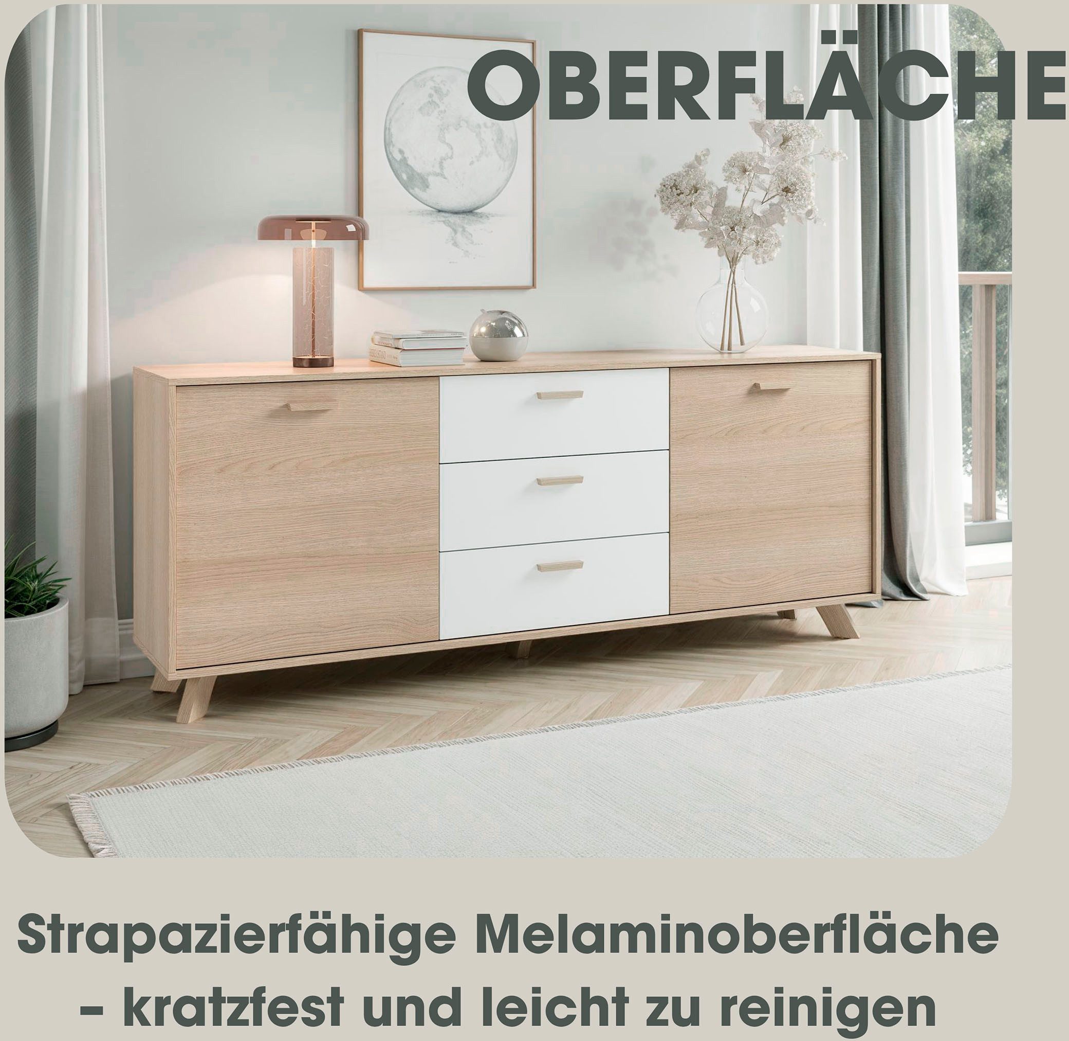 byLIVING Sideboard Bastian (1 St), mit massiven Holzfüßen und Griffen, natürlicher Eichenlook, 180cm