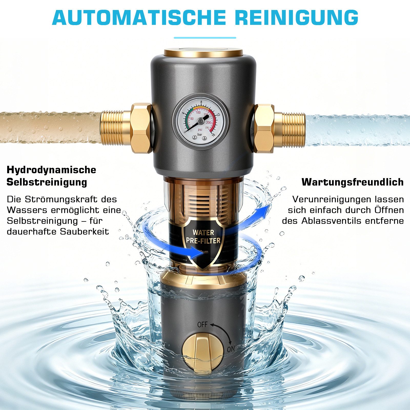 XERSEK Rückspülfilter 8 T/h Wasserfilter Vorfilter Selbstreinigung Spin Down Sedimentfilter (Set, 1'' mit Adaptern 1/2'' & 3/4), Hauswasserfilter mit Schabelement