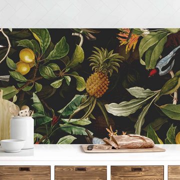 Bilderdepot24 Küchenrückwand grün dekor Botanik Tropisch Kunst Muster Tiere Vögel mit Ananas Grün, (1-tlg., Nischenrückwand - für Fliesenspiegel ohne Bohren - matt), Spritzschutz Rückwand Küche Herd - Folie selbstklebend versch. Größen