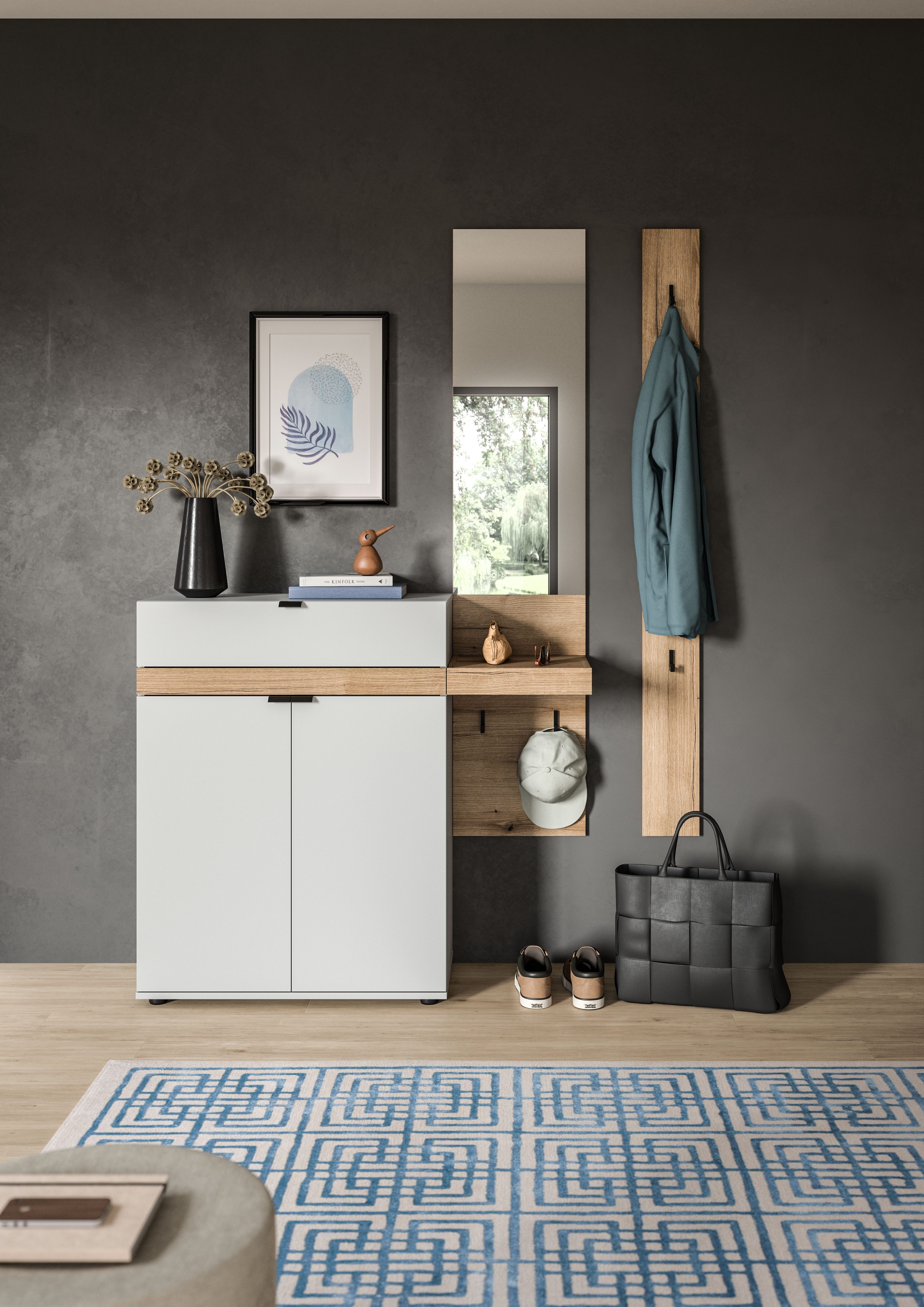 furnling Garderoben-Set Naroa, (3-St., Garderobenpaneel, Hakenpaneel, Schuhkommode), Schuhschrank, Garderobenmöbel, Breite 148 cm, grau/Evoke Oak