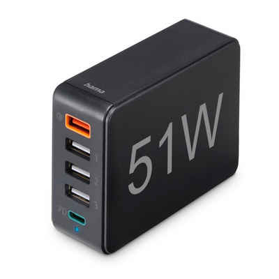 Hama 5in1 USB-Ladestation 51 W, USB + USB-C Adapter 5 Port Schnellladegerät USB-Ladegerät