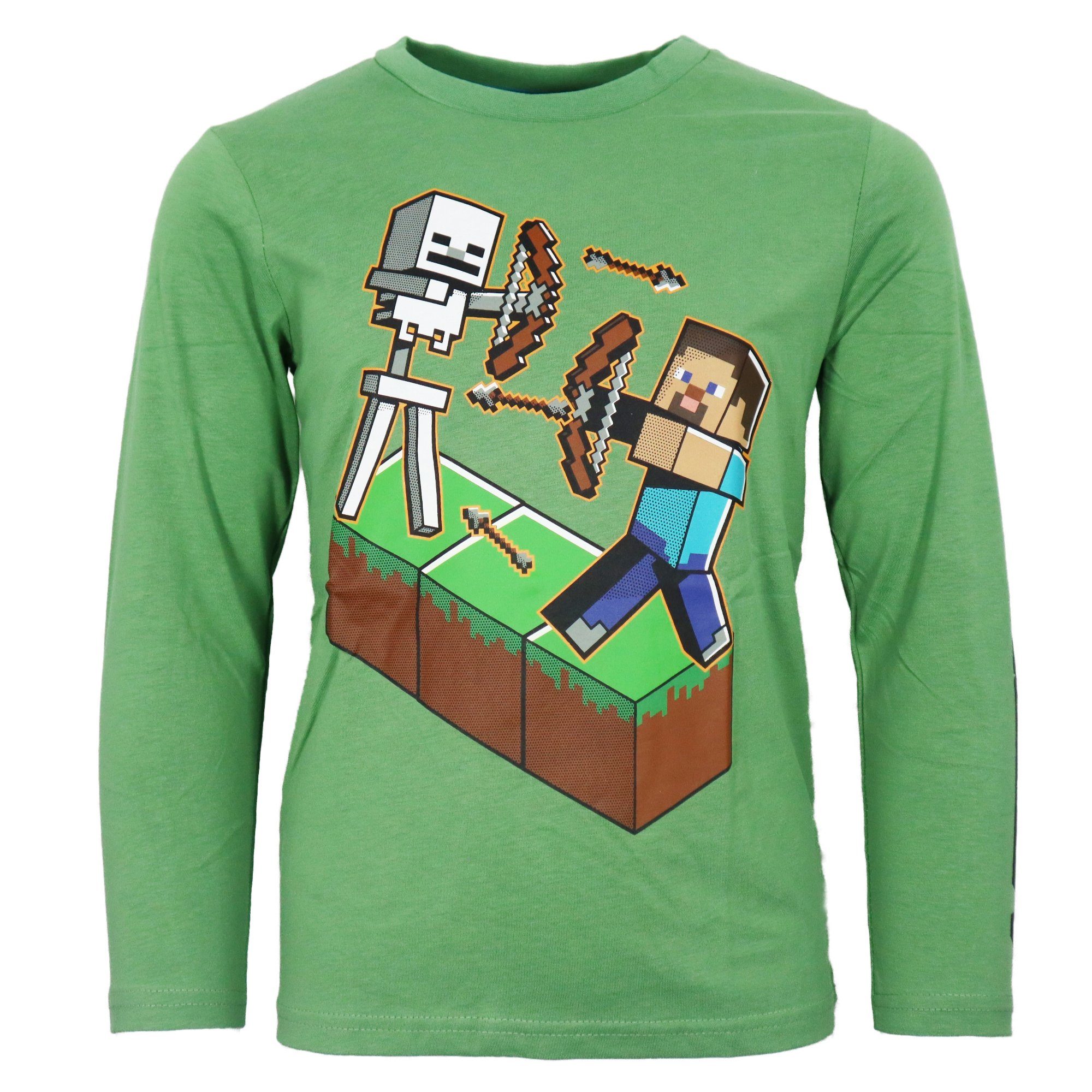 Minecraft Langarmshirt Minecraft Steve Kinder 116 Gr. Jungen 100% 152, bis Baumwolle Shirt Langar Skelett