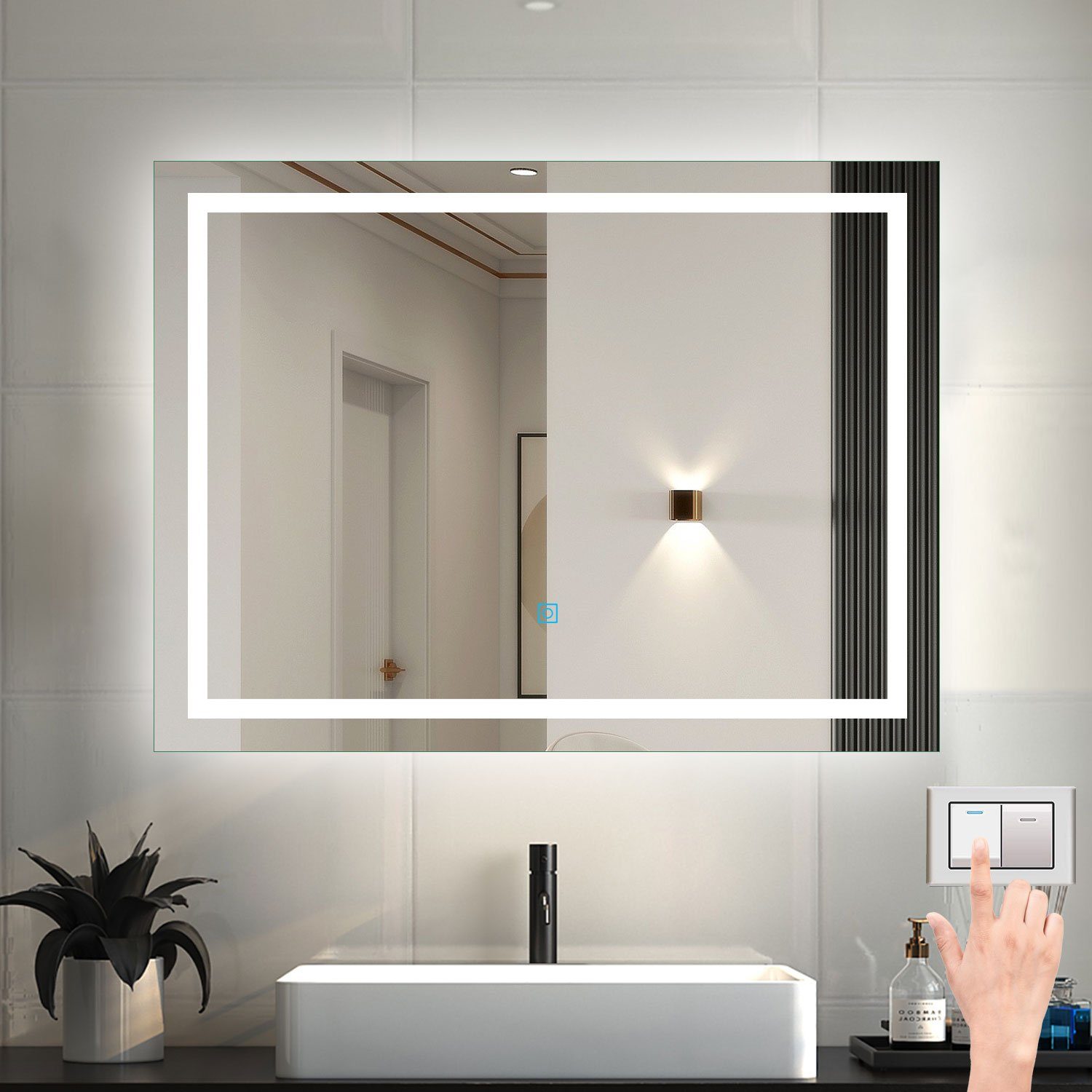 duschspa Badspiegel 50-160 cm Wandspiegel mit LED Belechtung, Wandschalter Wand/Touchschalter+drei Lichtfarbe+dimmbar+Beschlagfrei