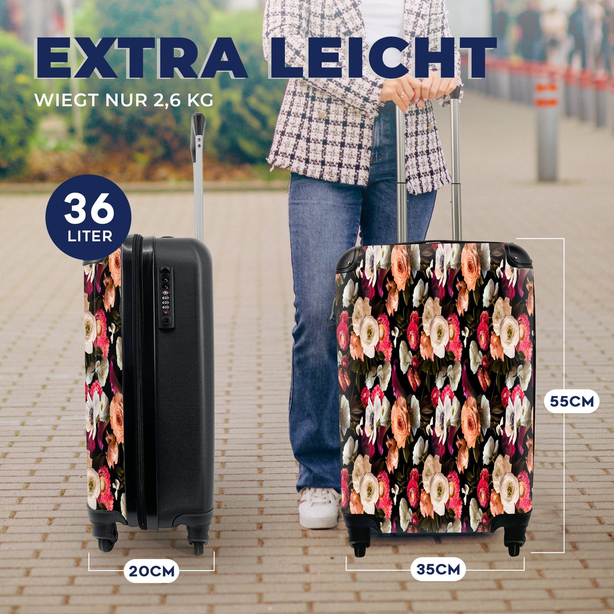 Reisekoffer für Rollen, Farbe Handgepäckkoffer Trolley, Reisetasche MuchoWow mit 4 Ferien, - Handgepäck rollen, Muster, Blumen -