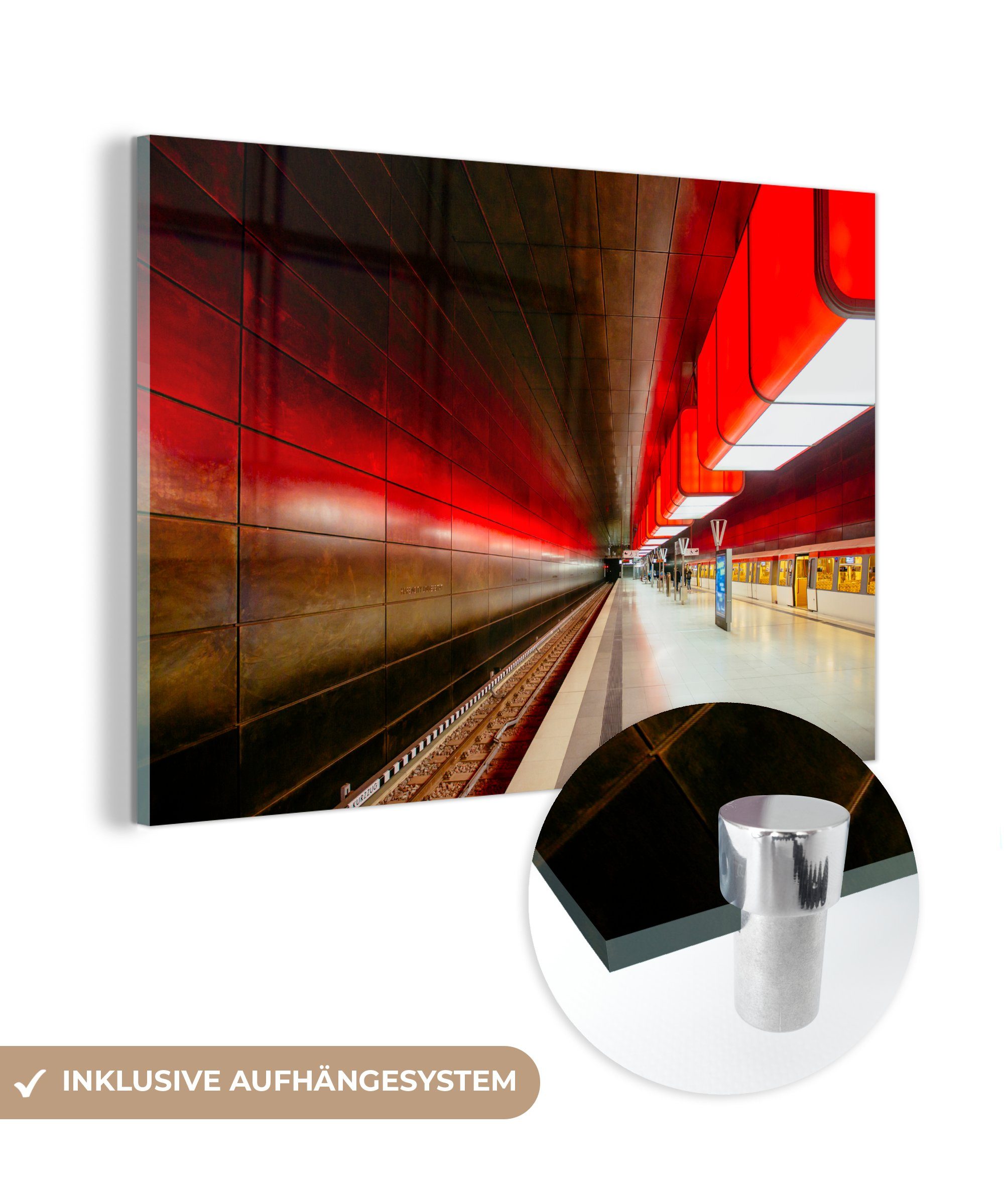 MuchoWow Acrylglasbild Beleuchteter U-Bahnhof in Hamburg, (1 St), Acrylglasbilder Wohnzimmer & Schlafzimmer