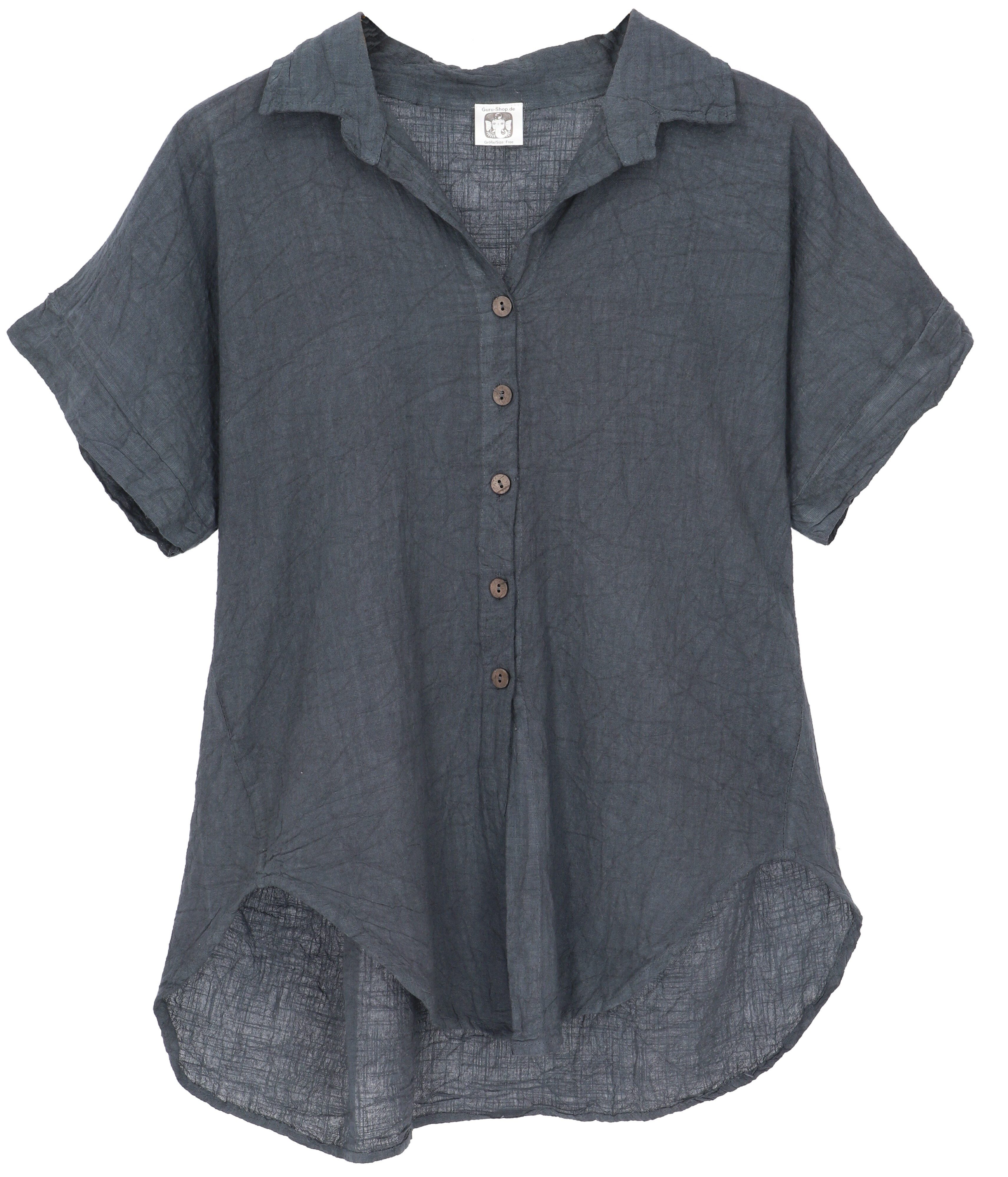 Guru-Shop Longbluse Baumwollbluse mit Kokosknöpfen - charcoal alternative Bekleidung
