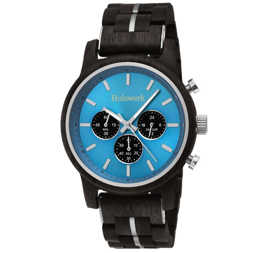 Holzwerk Chronograph GERDEN Herren Holz Armband Uhr, schwarz, silber, blau | Quarzuhren