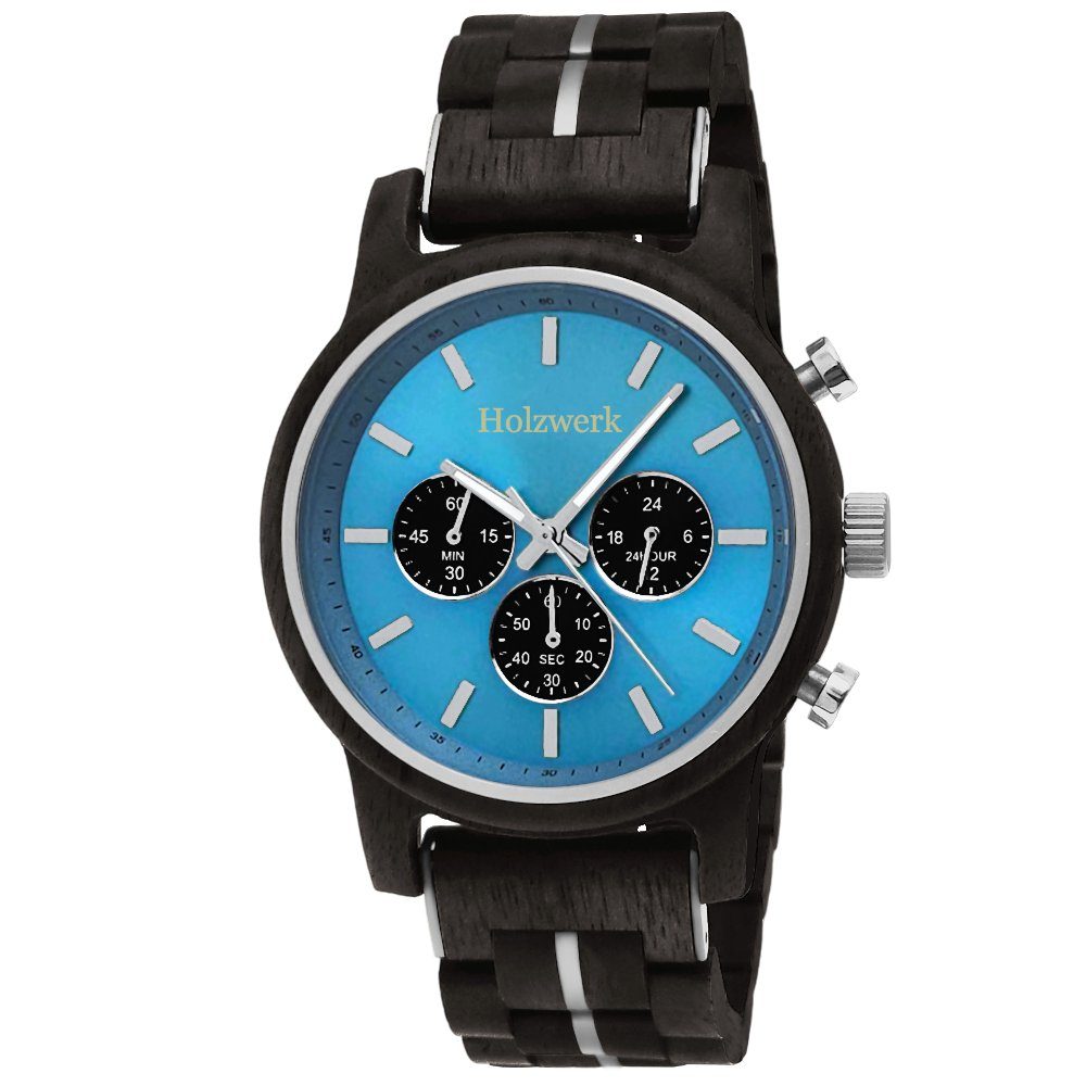 Holzwerk Chronograph Herren Designer Holz Armband Uhr, Zifferblatt Hellblau günstig online kaufen