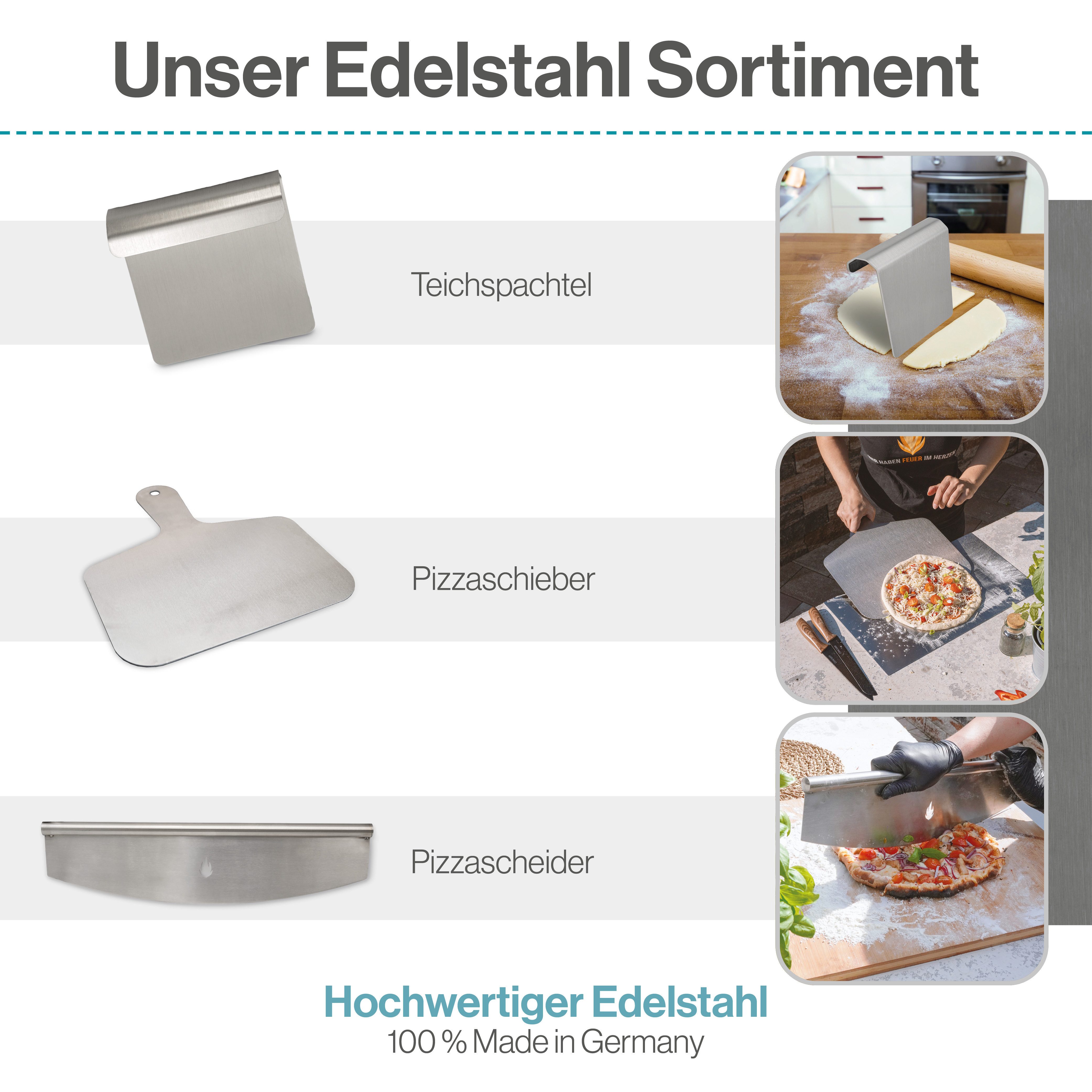 Feuerfest 123 GmbH Pizzaschieber Pizzafreund aus Edelstahl - Haken zum drehen & wenden im heißen Ofen, ohne Finger verbrennen - 100 % Made in Germany