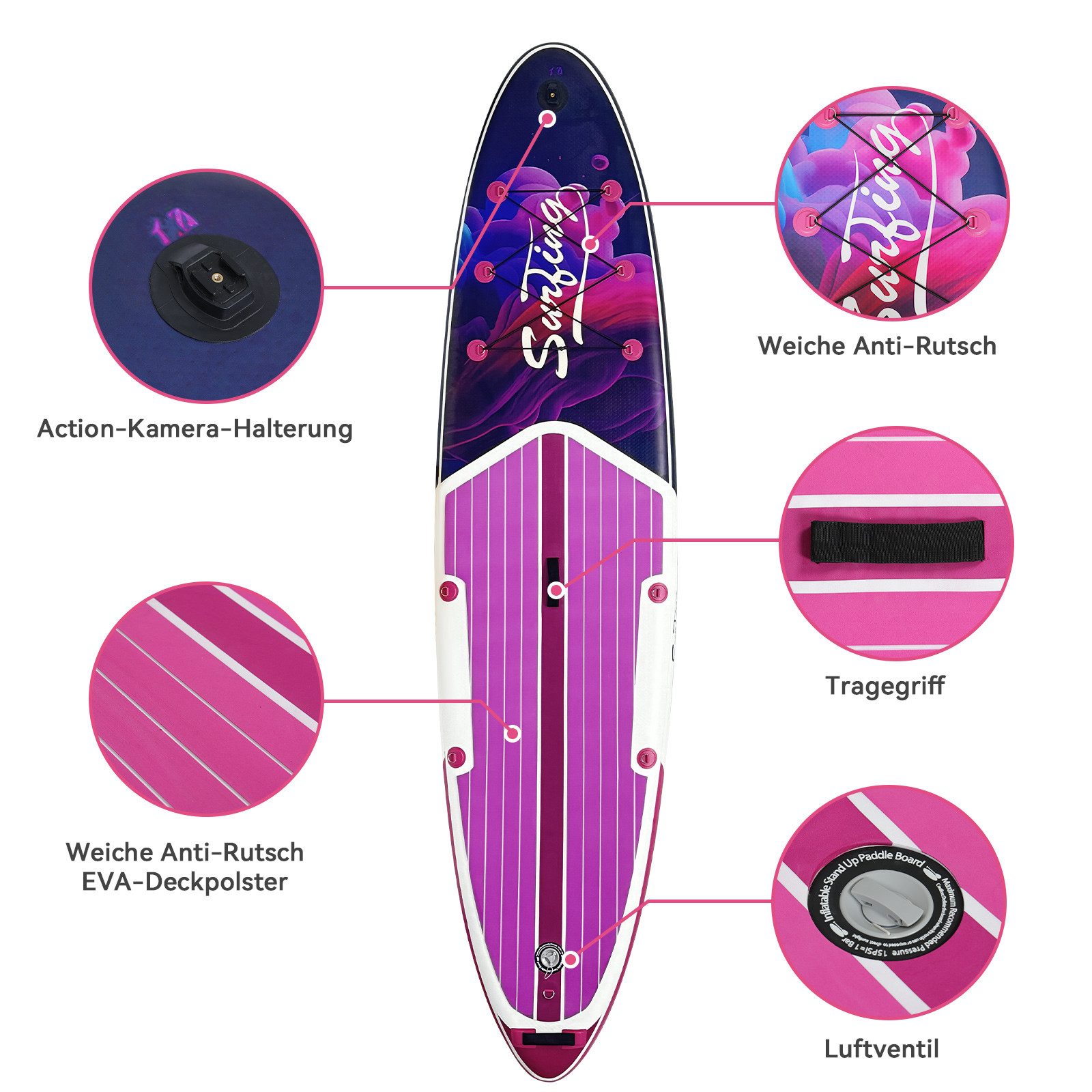 Puluomis Inflatable SUP-Board Set aufblasbar mit Halter, Sitz und Fußband, MB. bis 150Kg, 335/320cm, Surfbrett Paddling Paddelboard