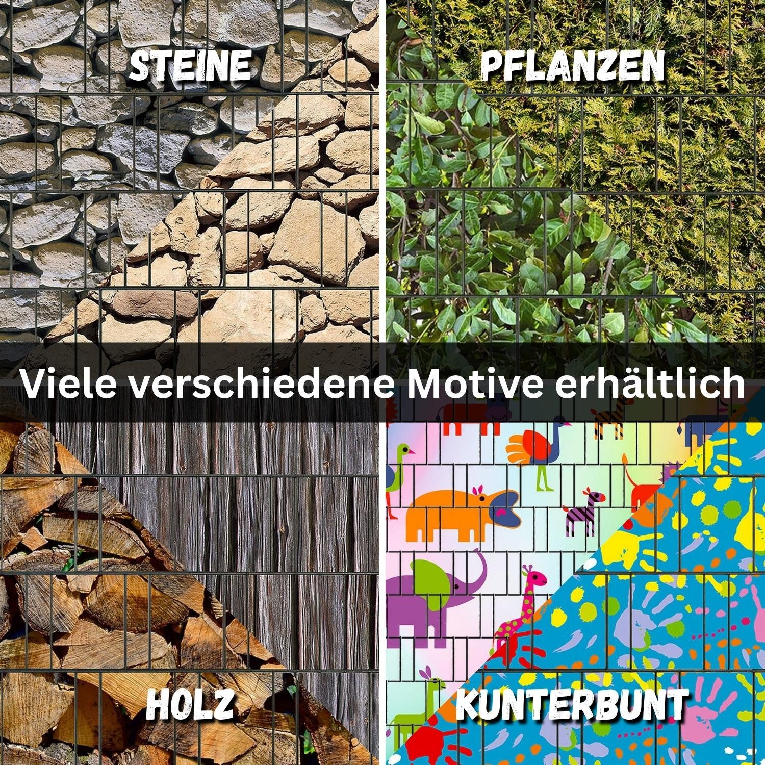 zaunzu Sichtschutzstreifen Holzbohle bedruckter Sichtschutz 2,5m x 2,0m, (1 Rolle, Motivdruck Sichtschutzstreifen), Beidseitiger Druck für Doppelstabgitter