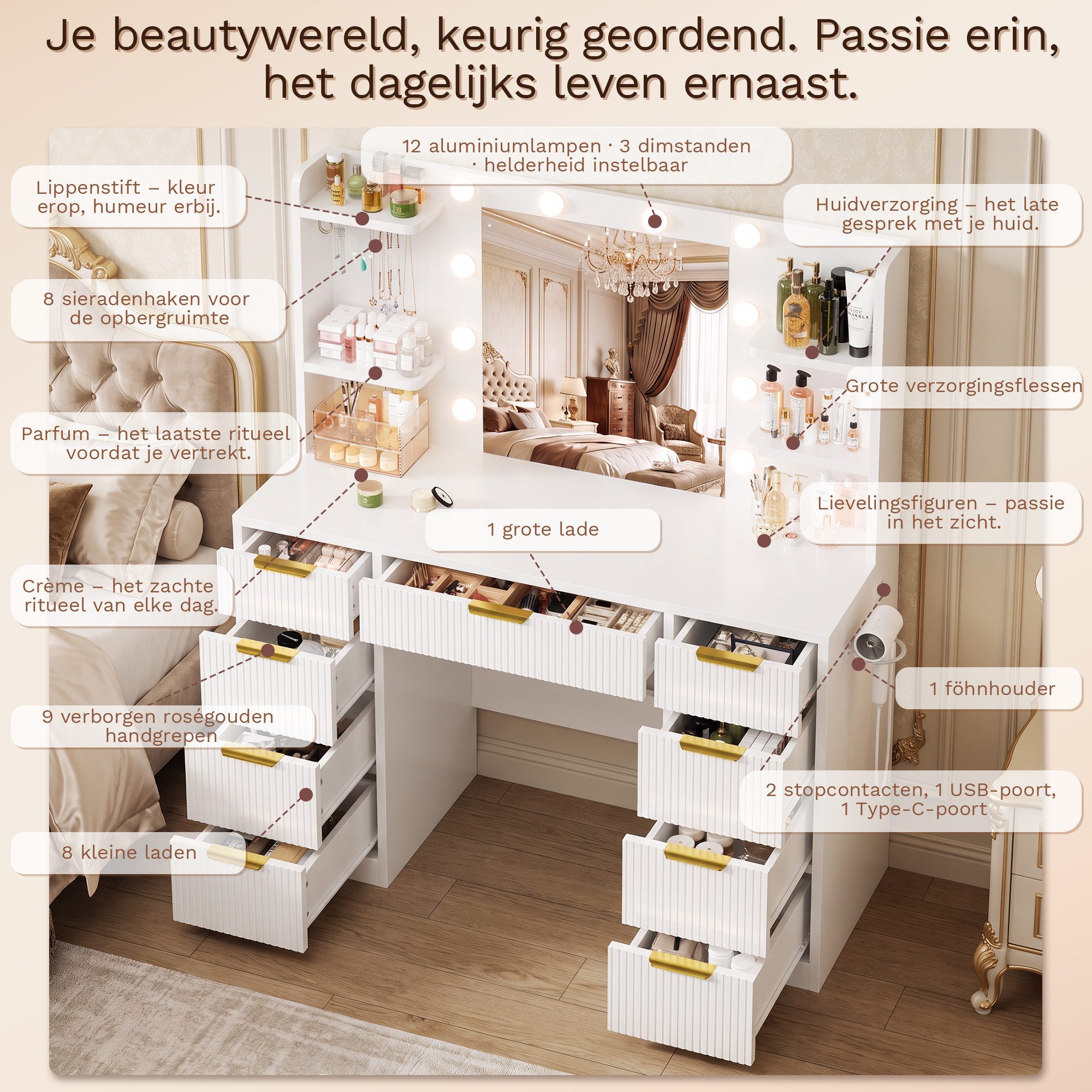HOMALL Schminktisch LED-Beleuchtung, optional als Set mit Hocker erhältlich (Maße: 108 × 40 × 137 cm, 6 offene Ablagefächer, mit Schmuckhaken, 9 Schubladen, aus – Bild 4 von 5