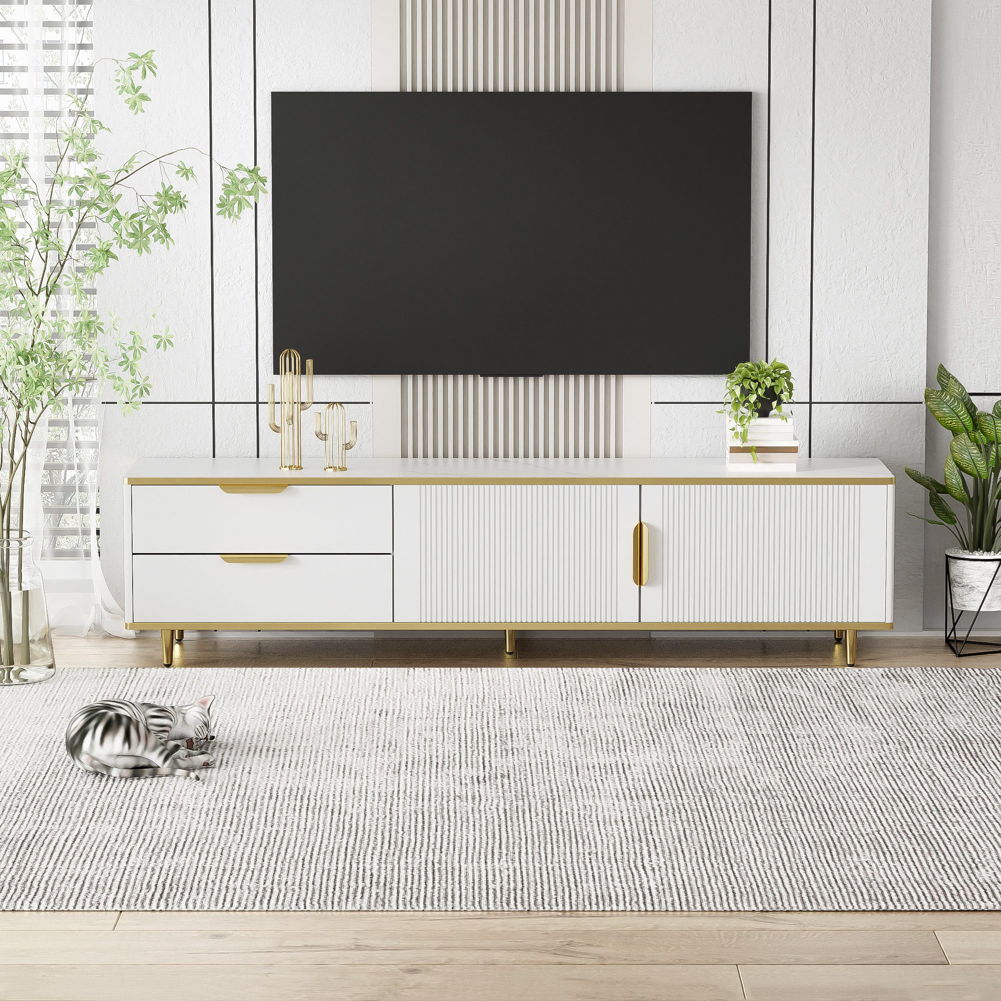 Odikalo TV-Schrank TV-Bank Fernsehschrank Lowboard Medienschrank Marmor Weiß/Schwarz