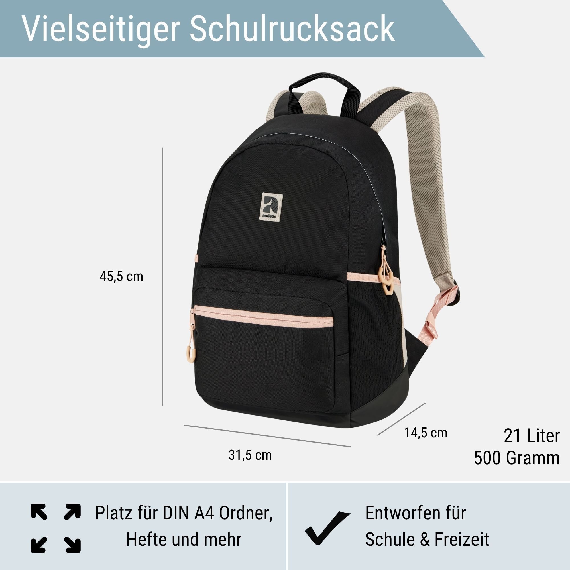 audetic Schulrucksack FLEX Rucksack Schule Schulrucksack Mädchen Jungen, Viele Fächer, Laptopfach, Wasserabweisend