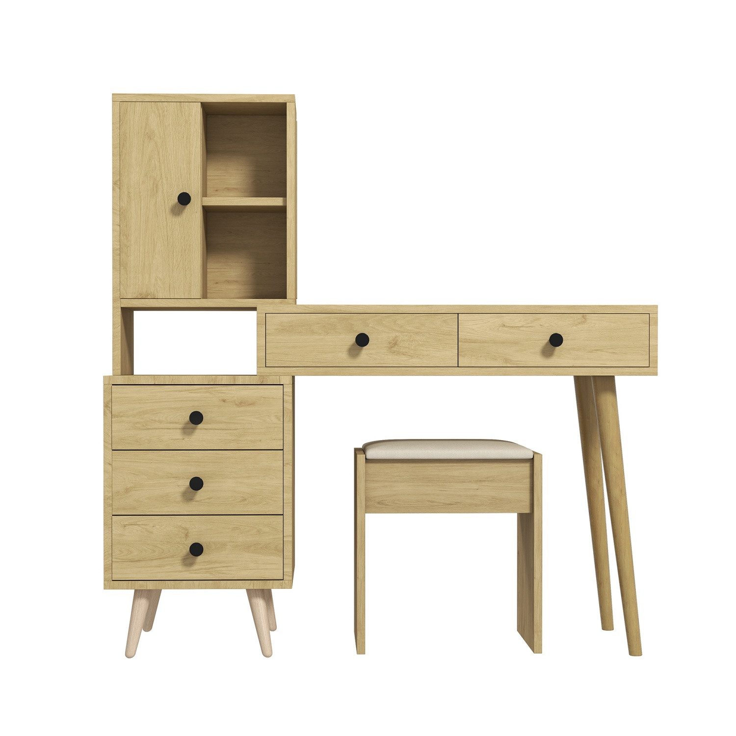 ANYSUN Schminktisch Schminktisch mit Spiegel, Hocker und Schubladen, Eiche Optik., 120 cm hoch, bis 50 kg belastbar, stabile Konstruktion.