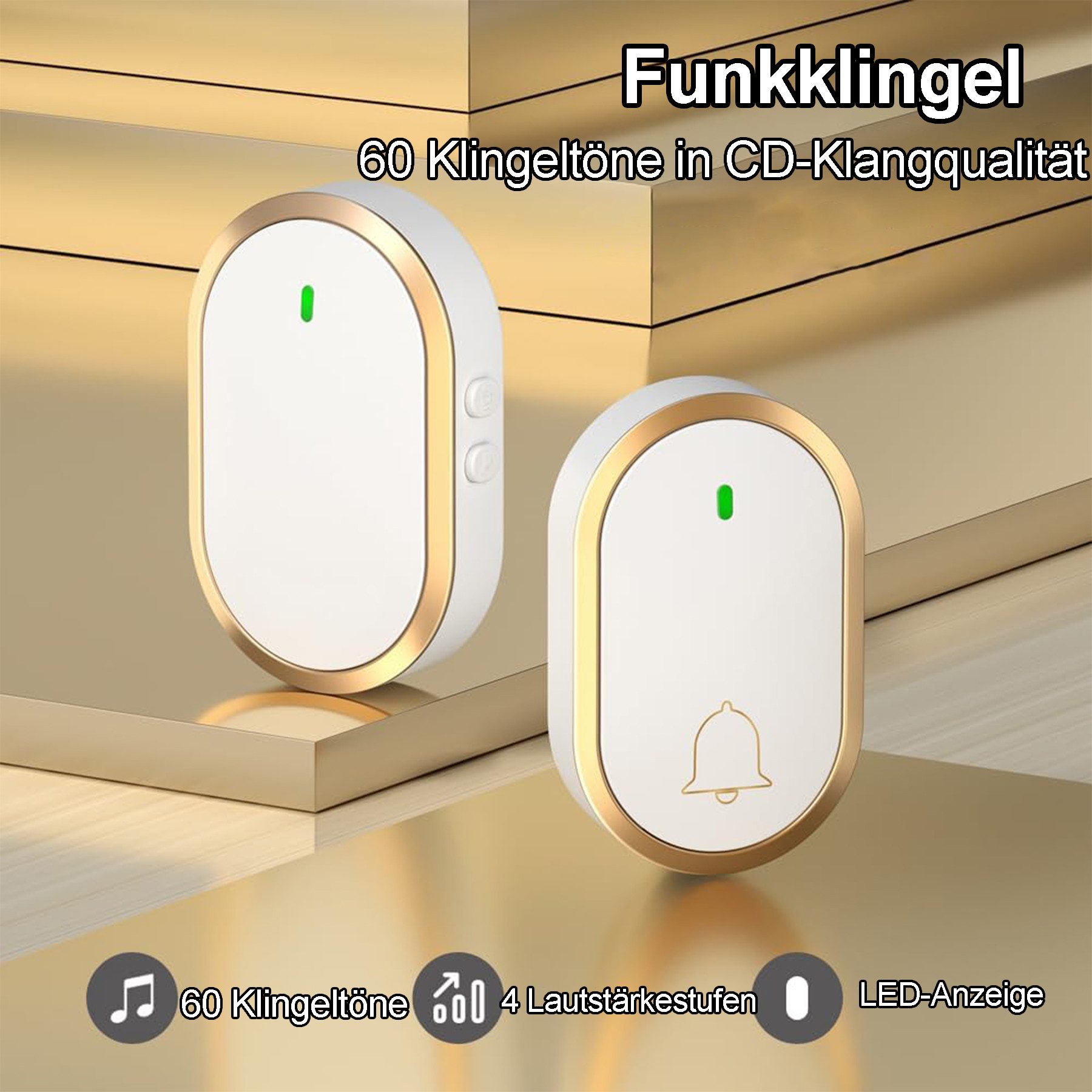 Senmudi Türklingel Funkklingel Set,Steckdosen-Funkklingel,60 Melodien, 4 Lautstärkestufen (wasserdichte drahtlose Türklingel mit LED-Blitz, 300 m Funkreichweite, Plug-in Doorbell), Kabellose Türklingel Batteriebetrieben