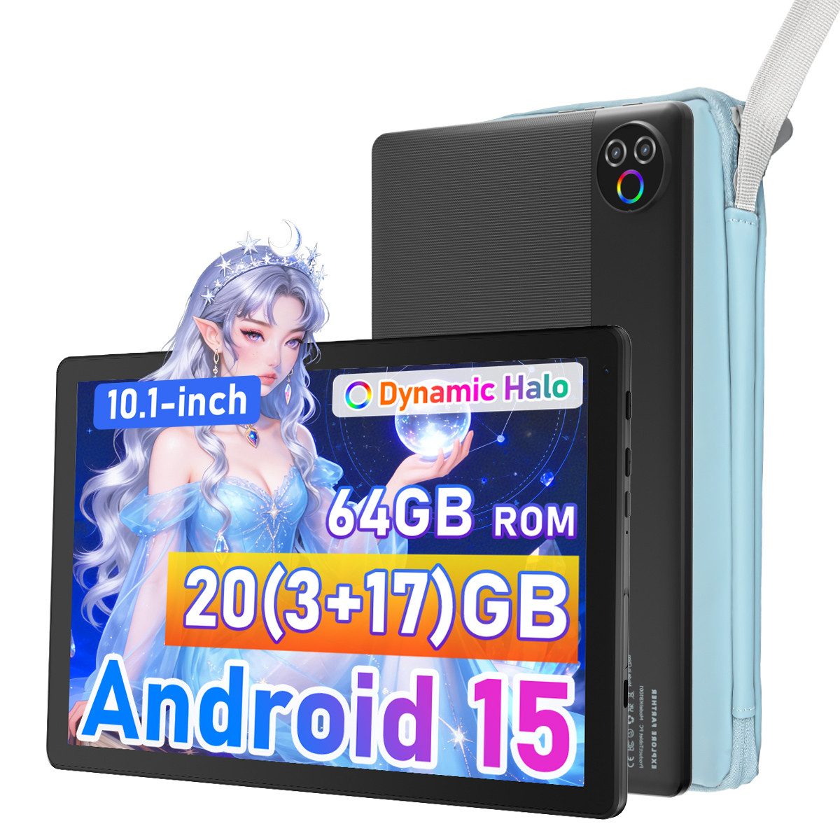 Happybe 10 Zoll 20(3+17)GB RAM + 64GB Android 15 HD-Touchscreen Tablet (10", 64 GB, Android, WiFi, Leistungsstark & komplett: mit Augenschutz-Display & Transporttasche)