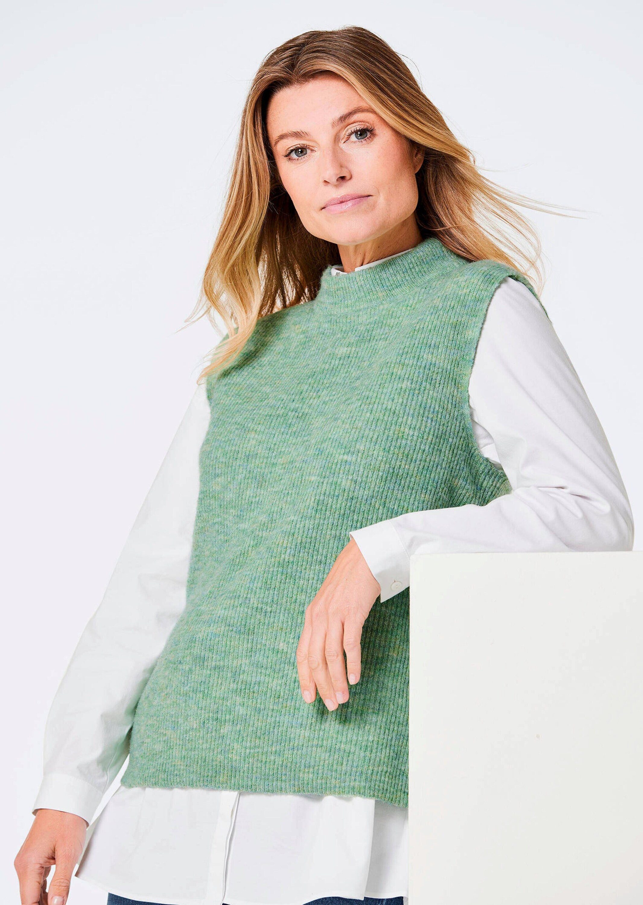 GOLDNER Strickpullover Edler Rippstrick Pullunder, Stehkragen Modischer Kurzarmpullover in hüftumspielenden Länge, hoher Kragen