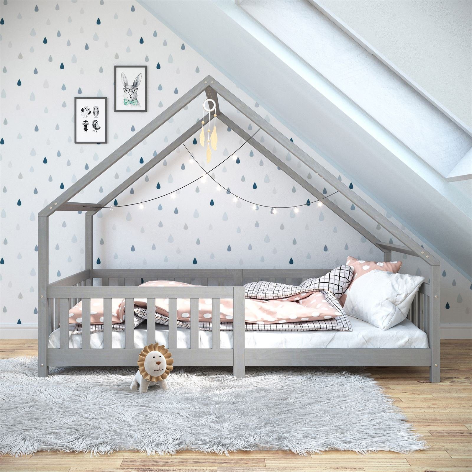 IDIMEX ma CORA, Hausbett Montessoribett 200 x 90 Kiefer mit Kinderbett grau Tipibett Rausfallschutz